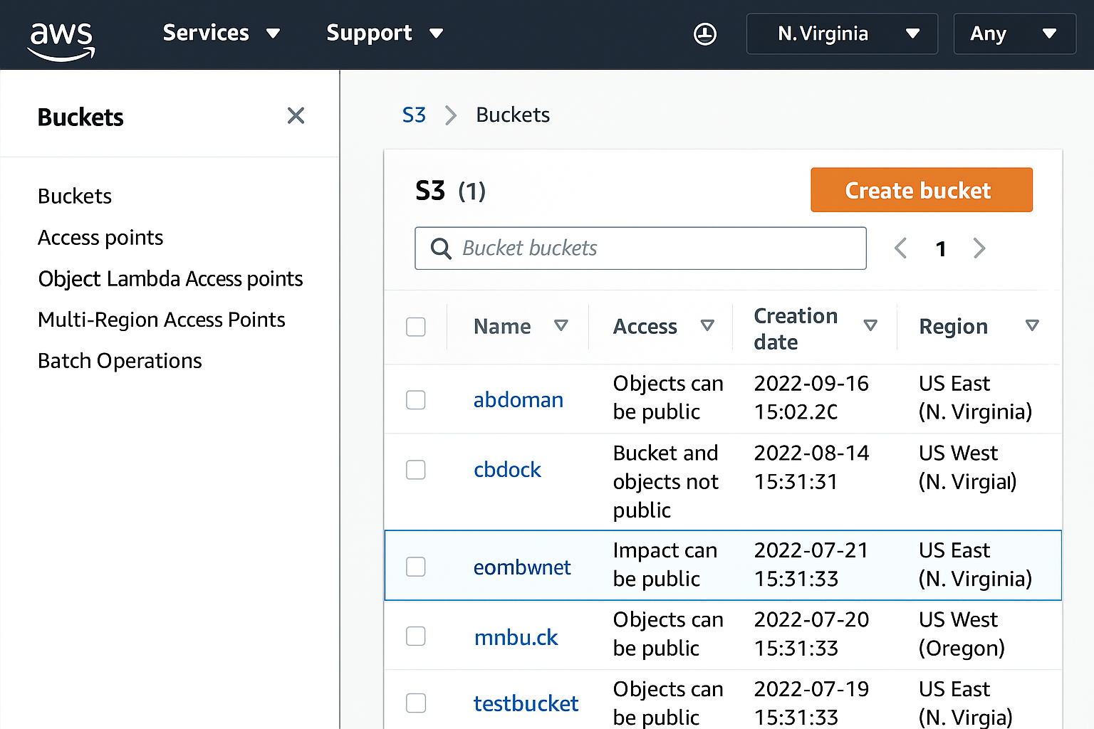 AWS S3 console showing list of buckets with one selected