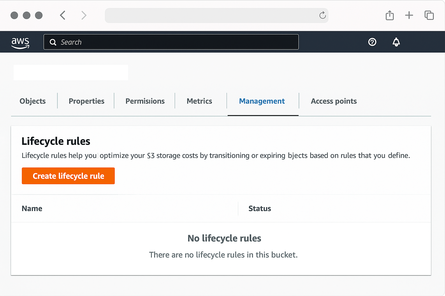 S3 Management tab showing Create lifecycle rule button