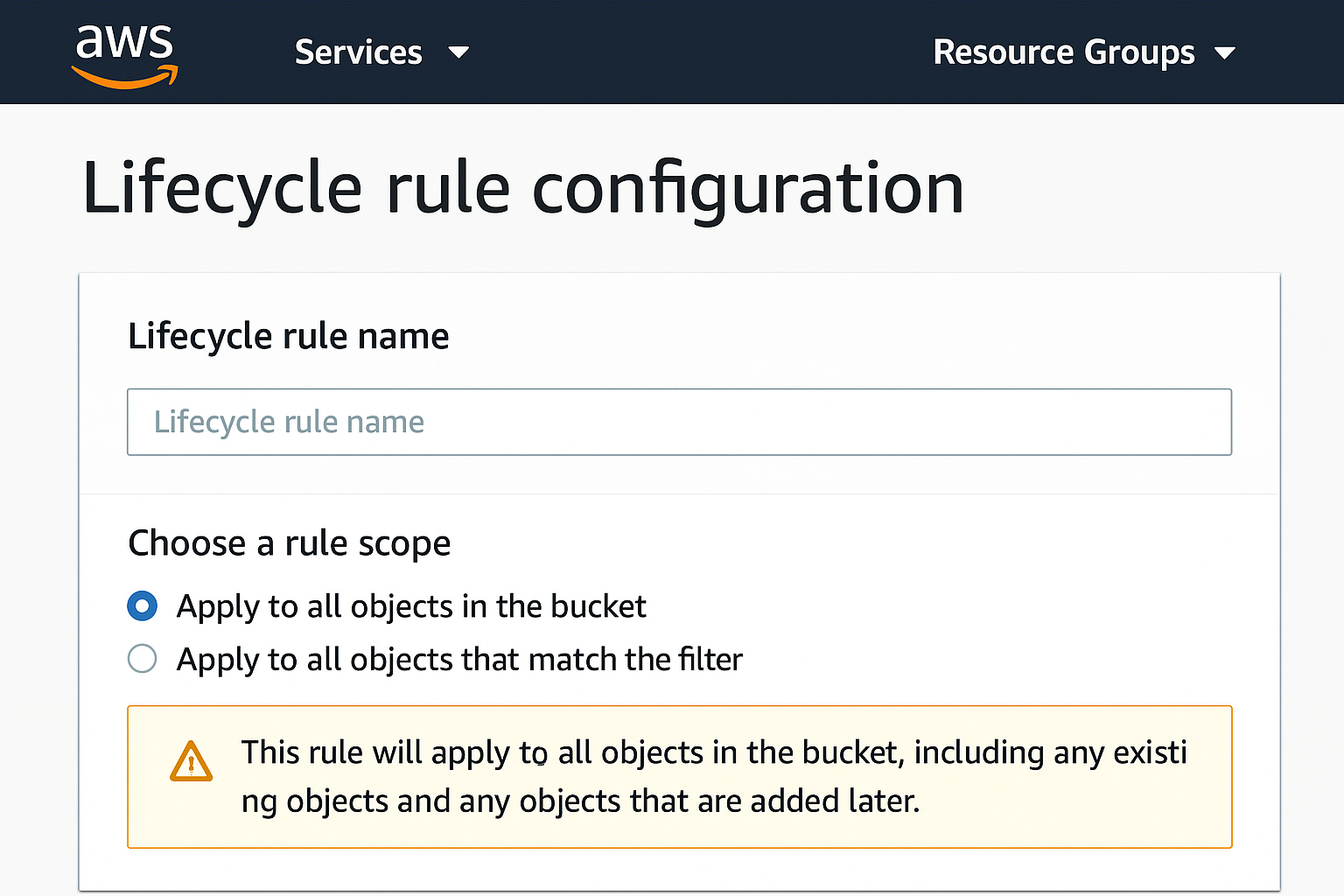 Lifecycle rule creation form showing name field and scope options