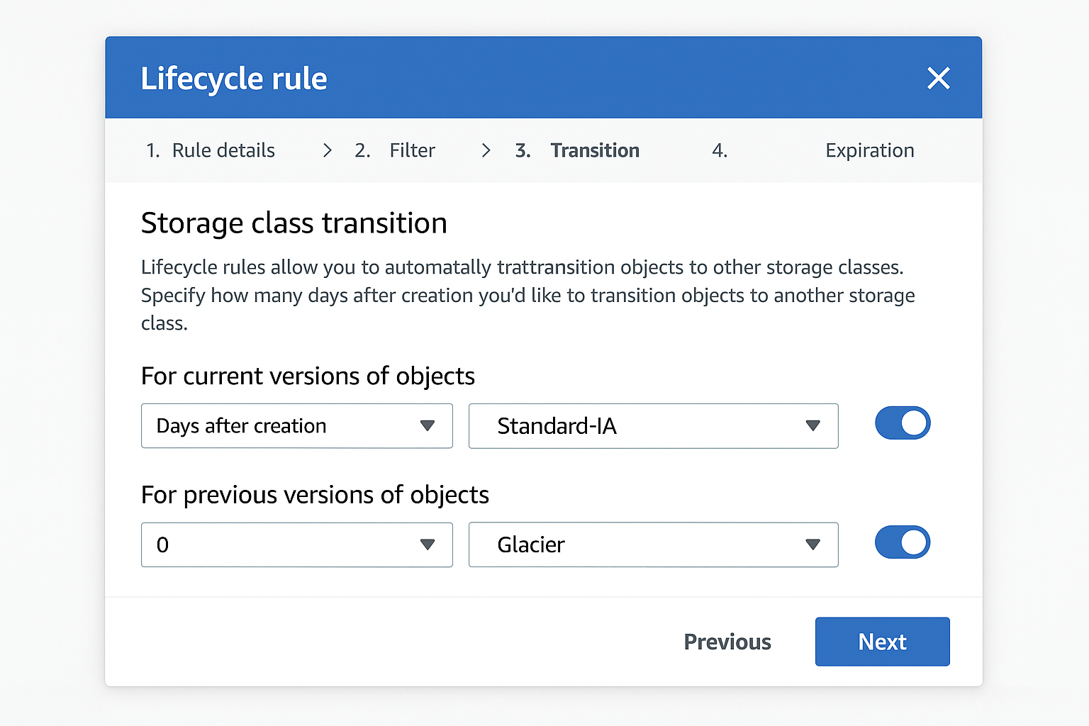 Lifecycle rule configuration showing transition options with days and storage classes