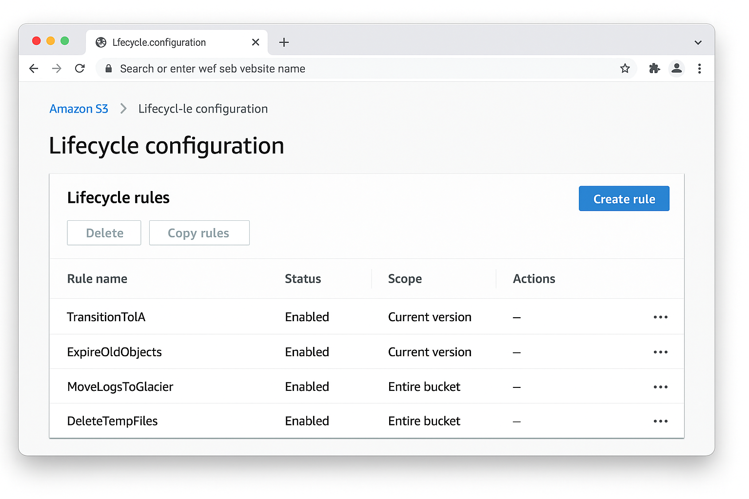 Lifecycle rule summary page with Create rule button