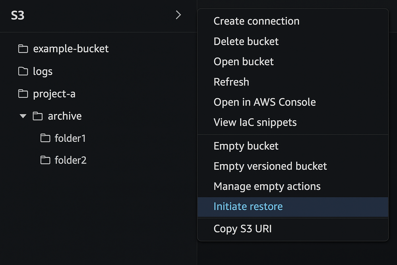 S3 console showing right-click context menu with Initiate restore option highlighted