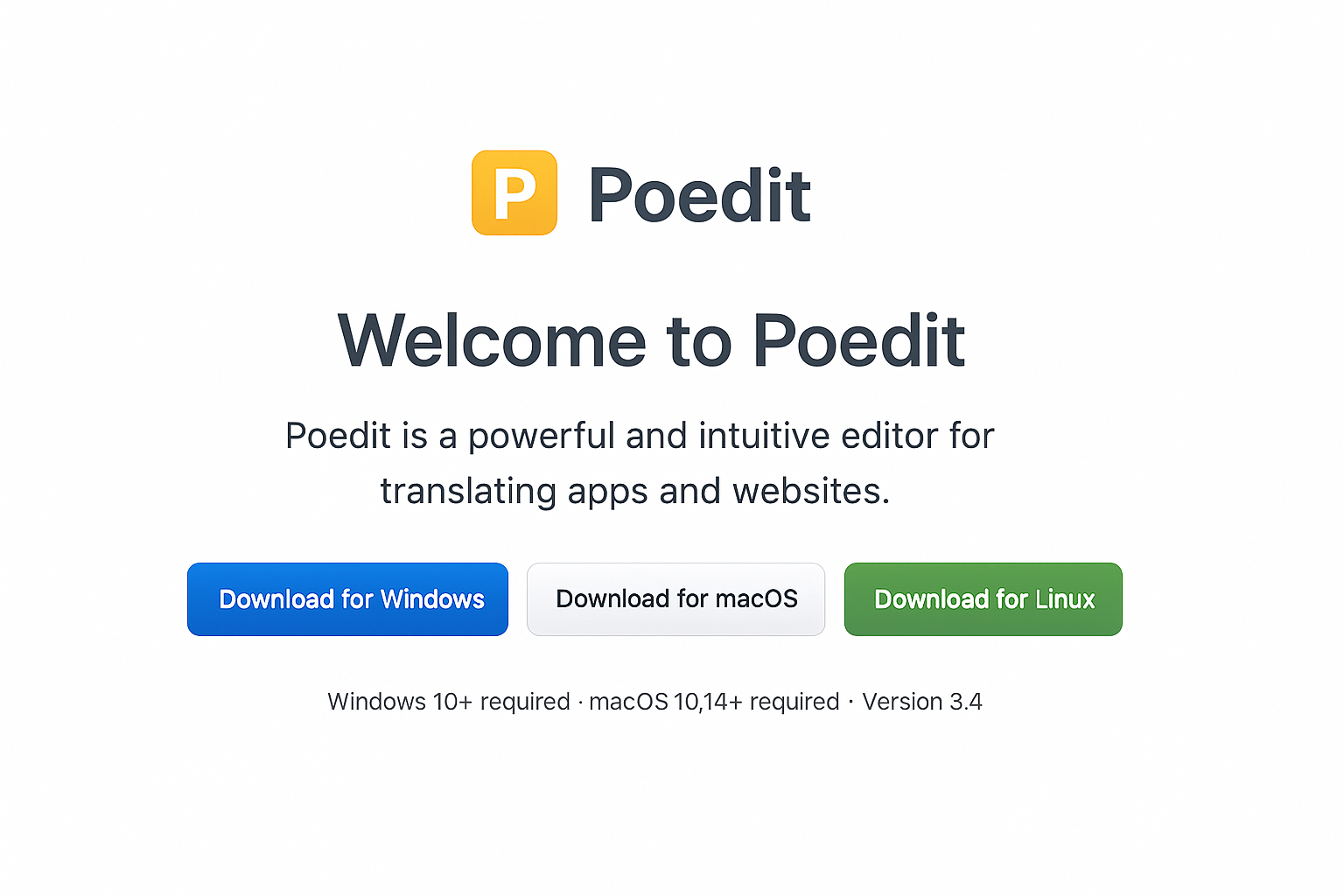 Poedit download page showing Windows, macOS, and Linux download options