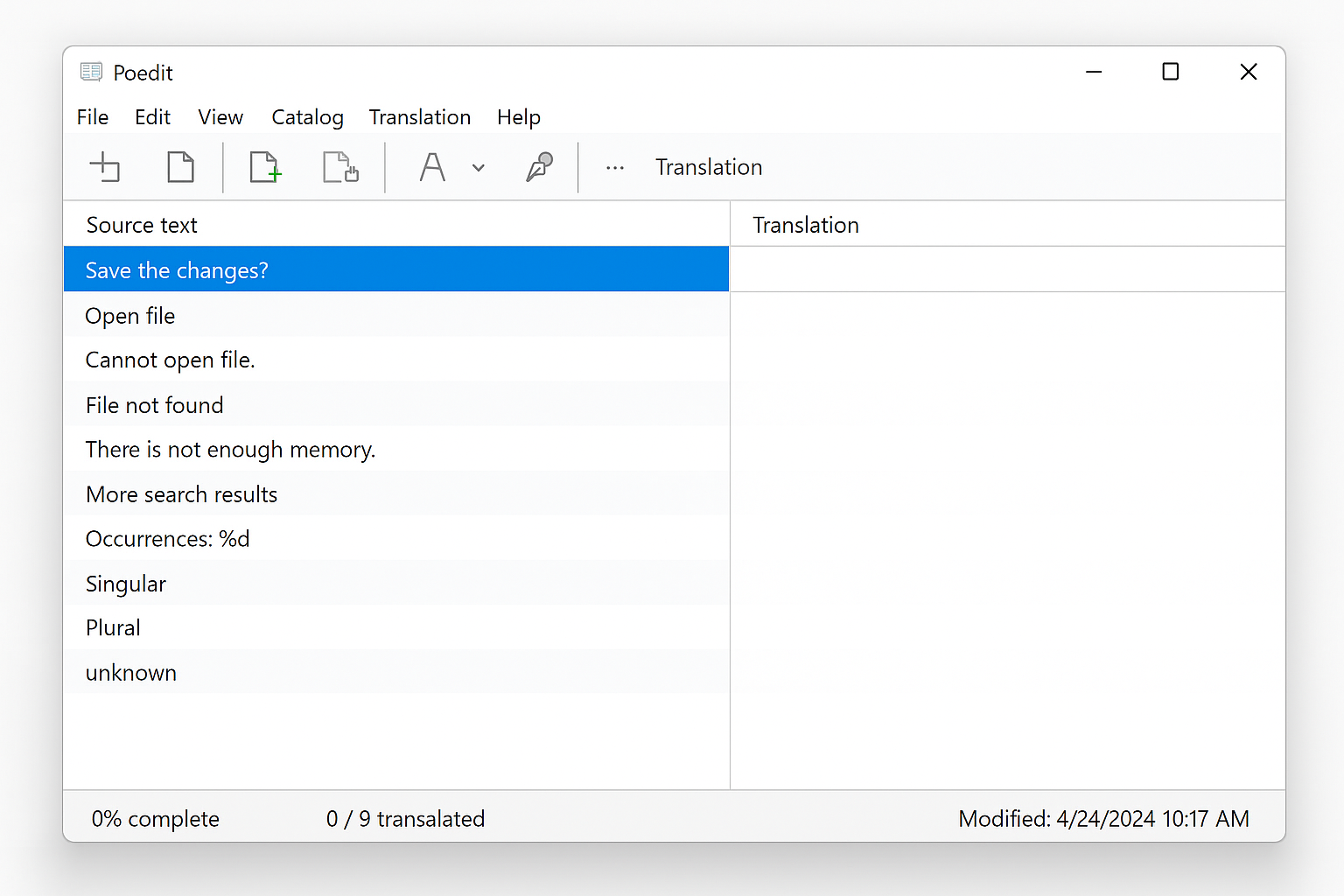 Poedit main interface showing a translation file with original strings on left and translations on right