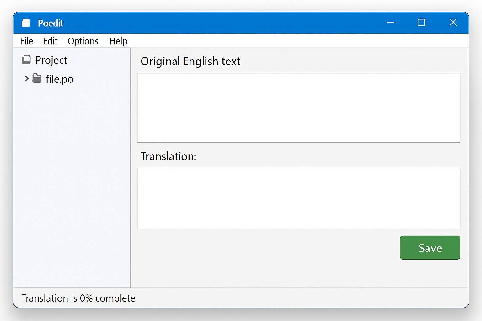 Poedit edit panel showing original string at top and translation field below with save button