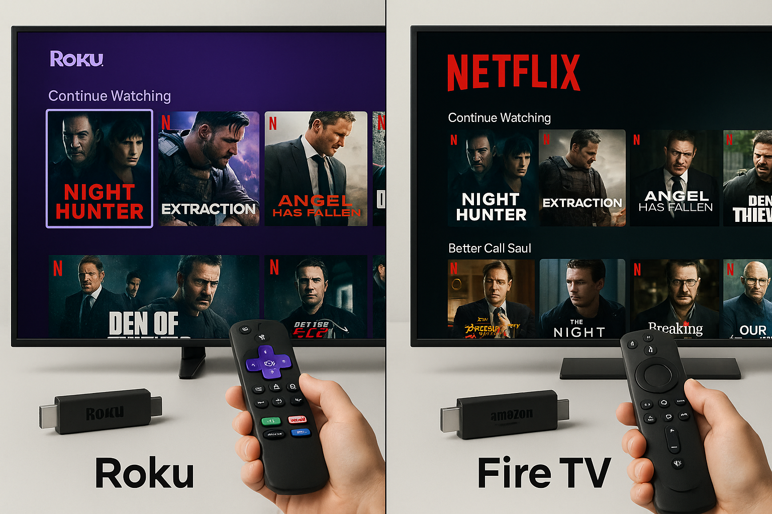 Roku streaming stick and Amazon Fire TV stick side by side showing Netflix app interfaces