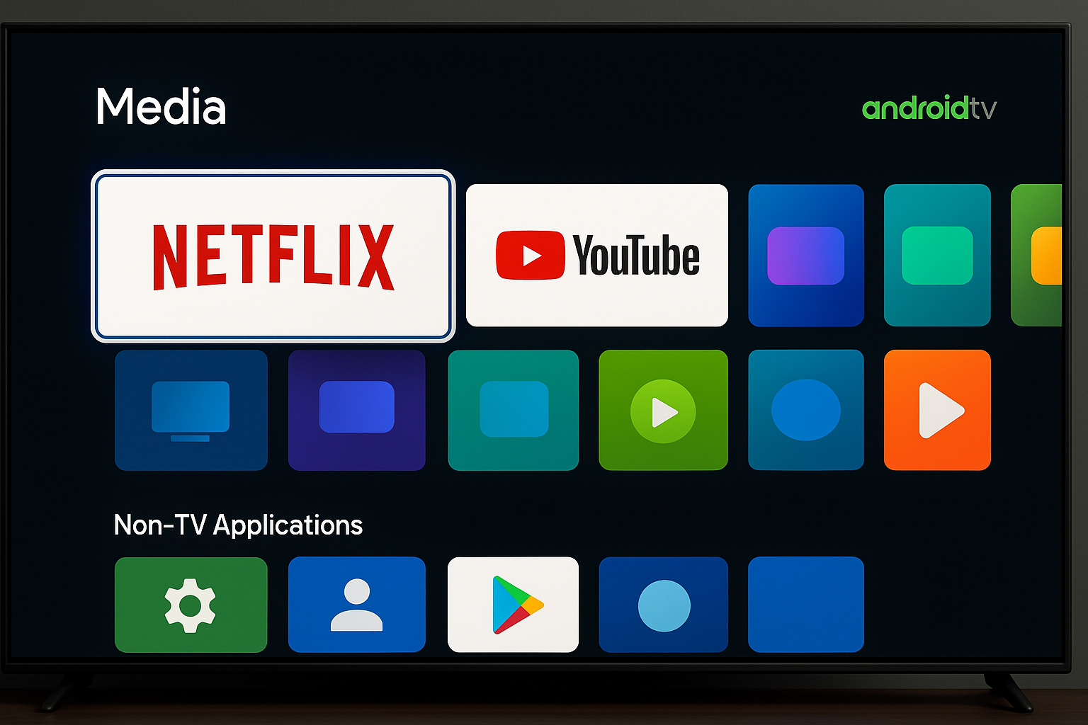Smart TV home screen showing Netflix app icon among other streaming apps