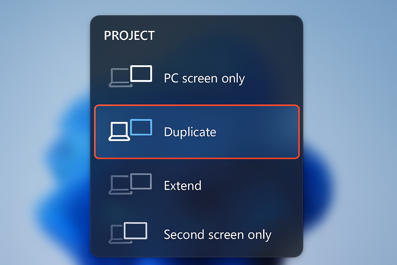 Windows Project menu showing Duplicate, Extend, and Second screen only options