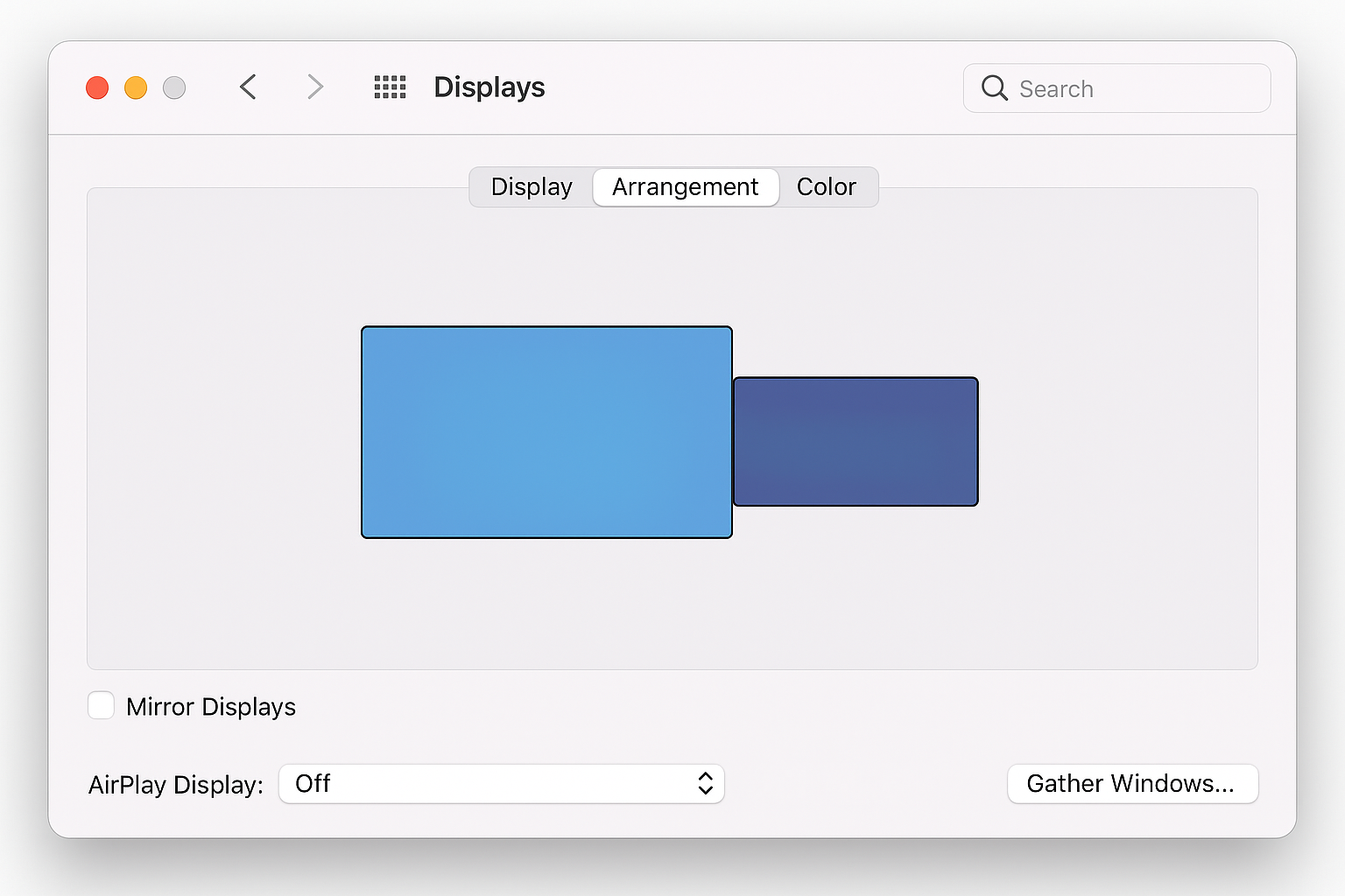 macOS Display settings showing arrangement options for external TV display