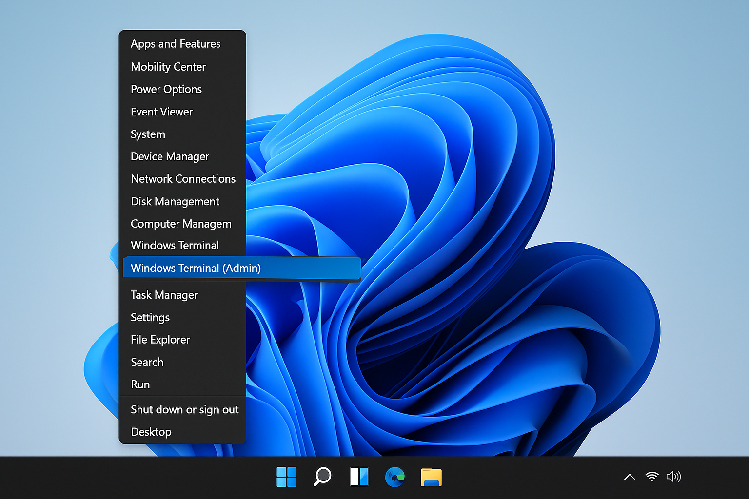 Windows 11 Start button right-click menu with Terminal (Admin) highlighted