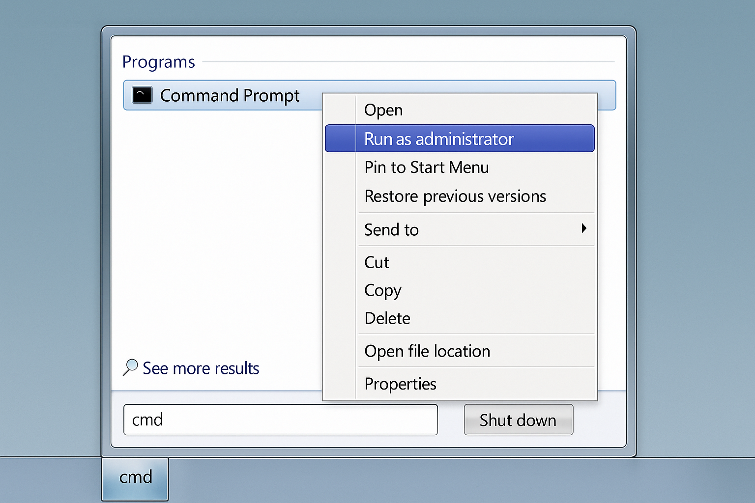 Windows Start menu search for cmd with Run as administrator option highlighted