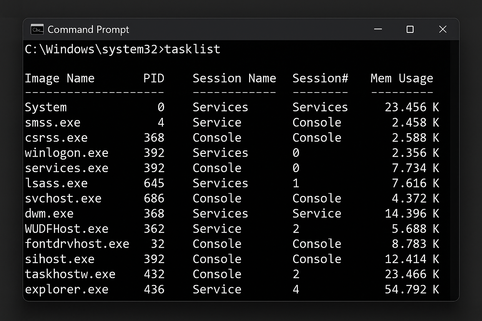 Command Prompt showing tasklist output with process names and PIDs