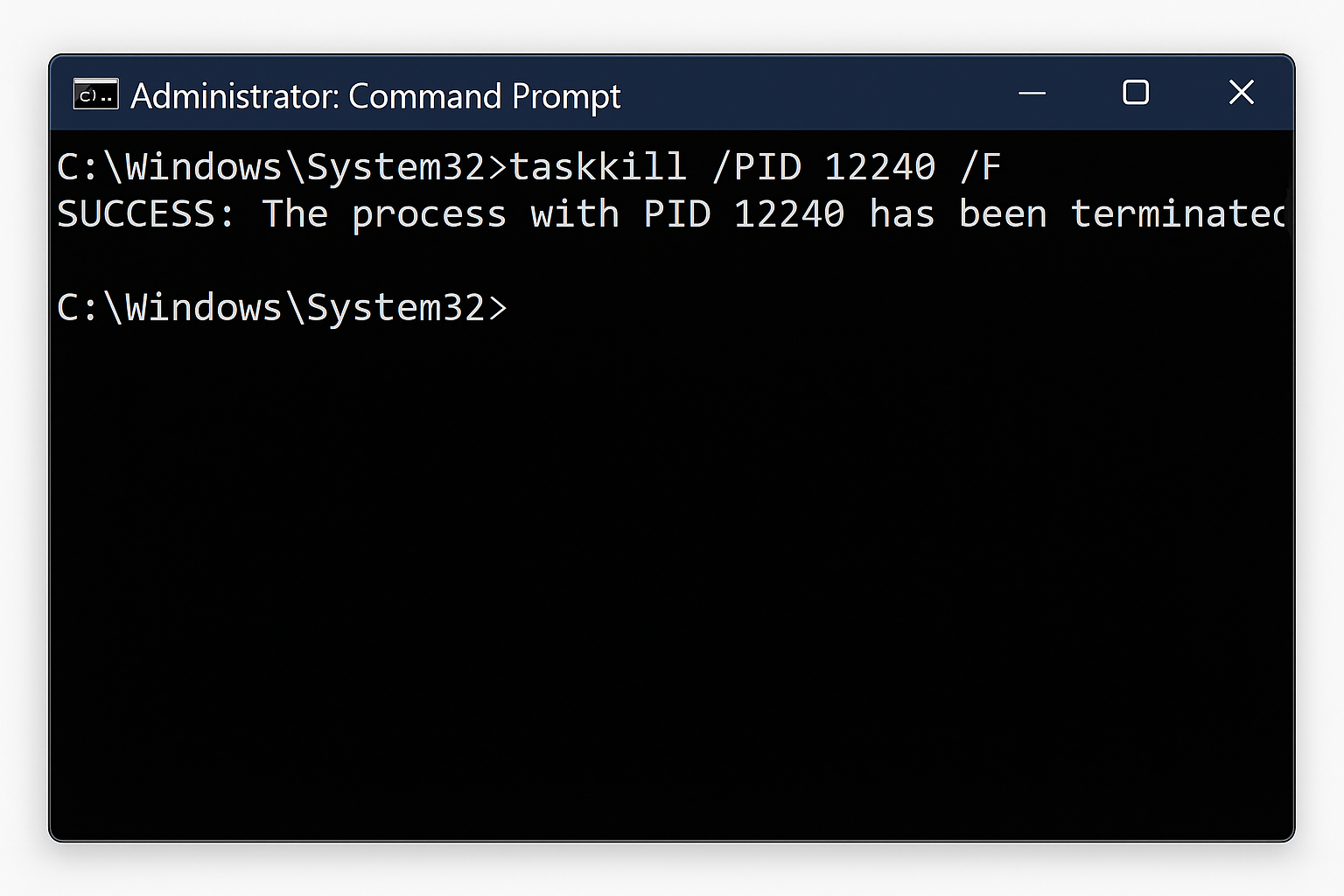 Command Prompt executing taskkill command with success message