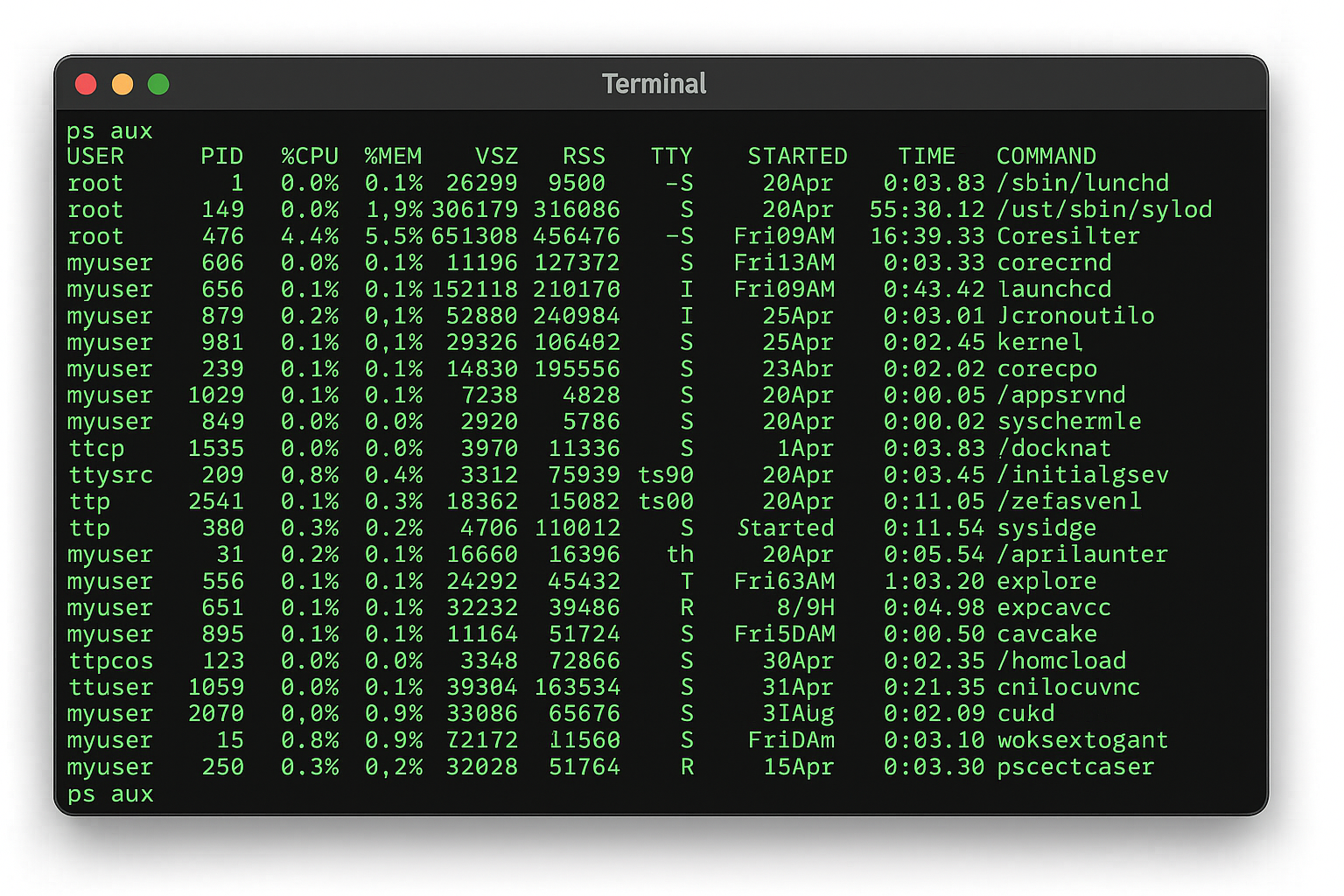 macOS Terminal showing ps aux output with process list