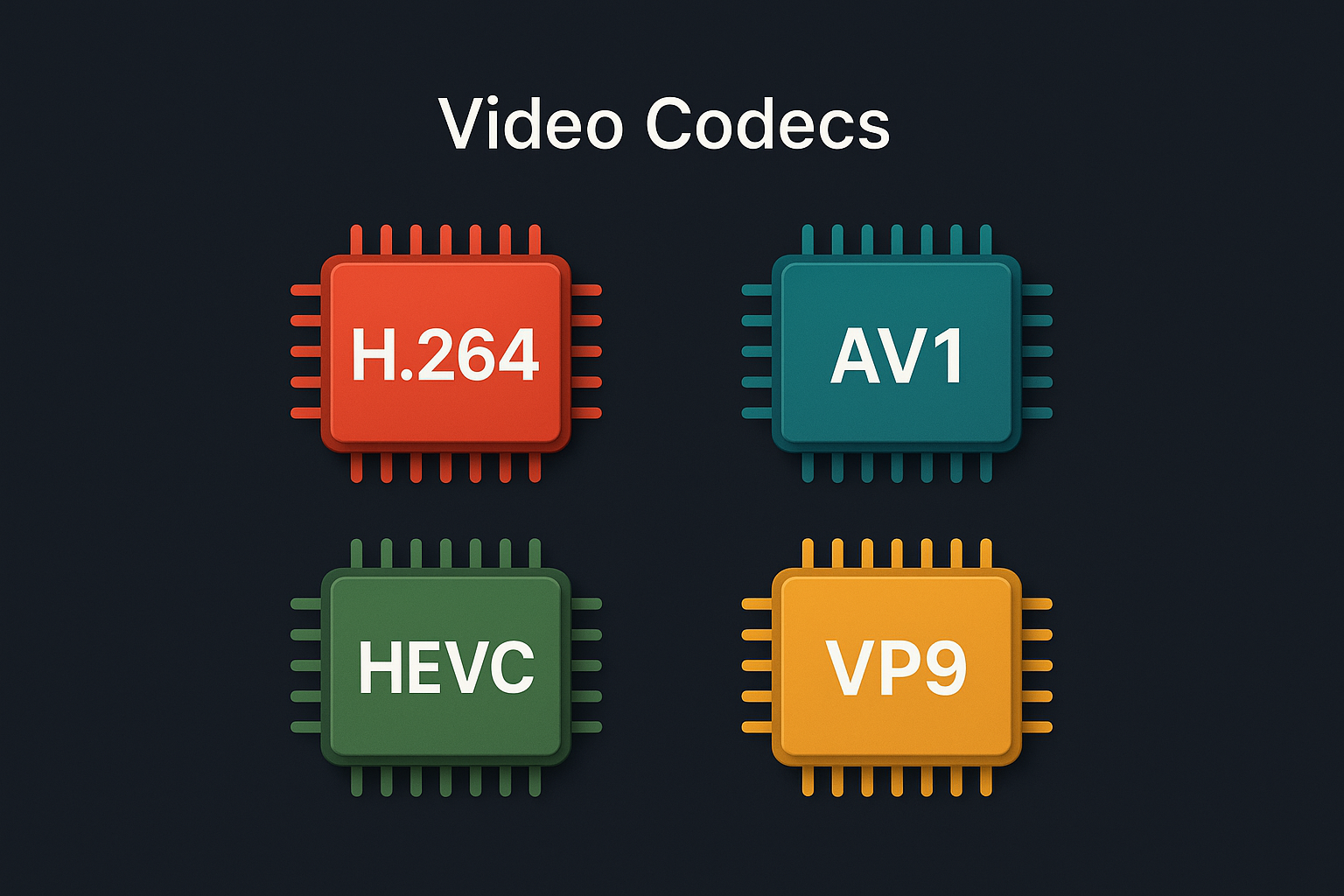 Four distinct computer chips or circuit boards labeled H.264, AV1, HEVC, and VP9