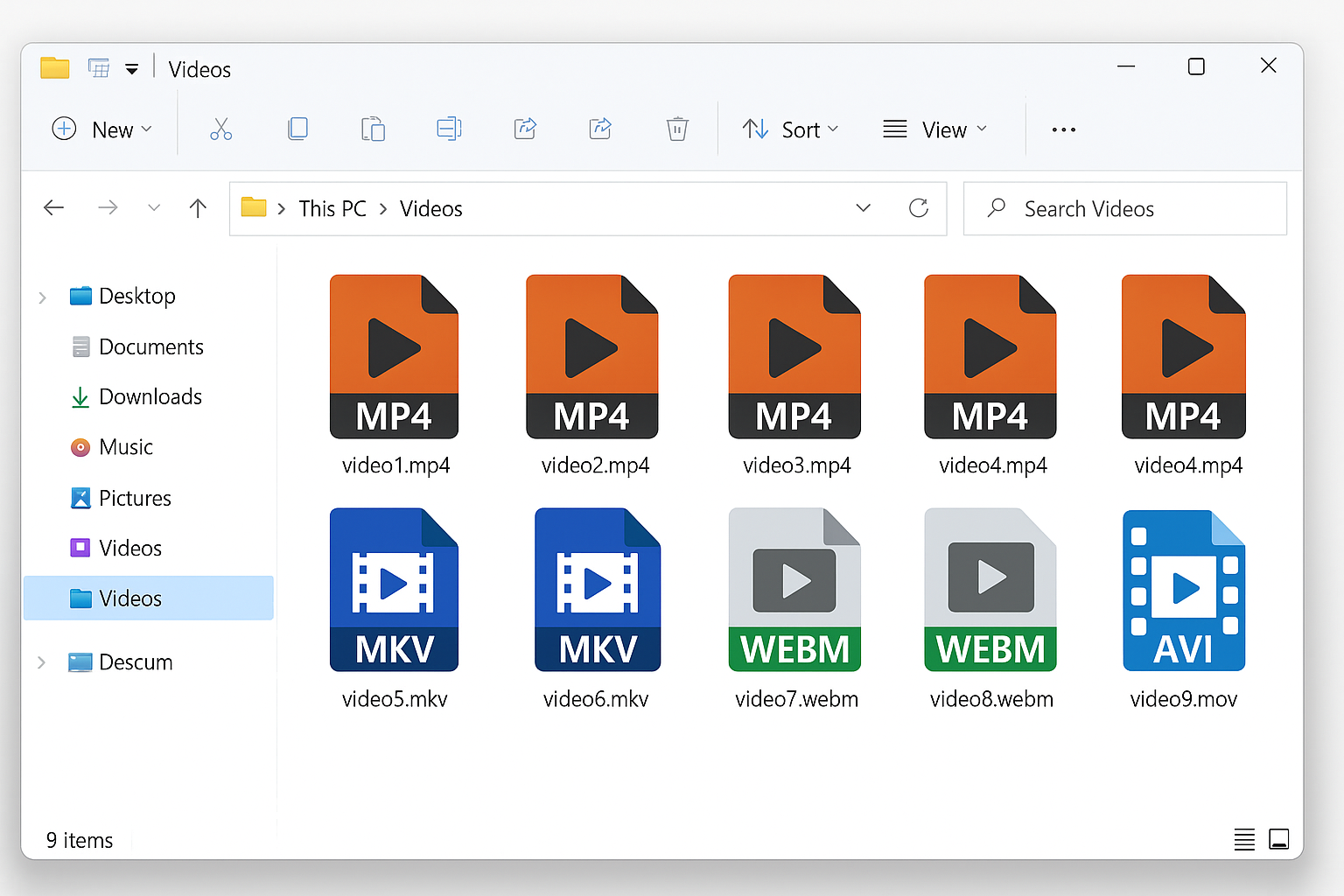 Windows File Explorer showing various video file extensions like MP4, MKV, WebM with their icons
