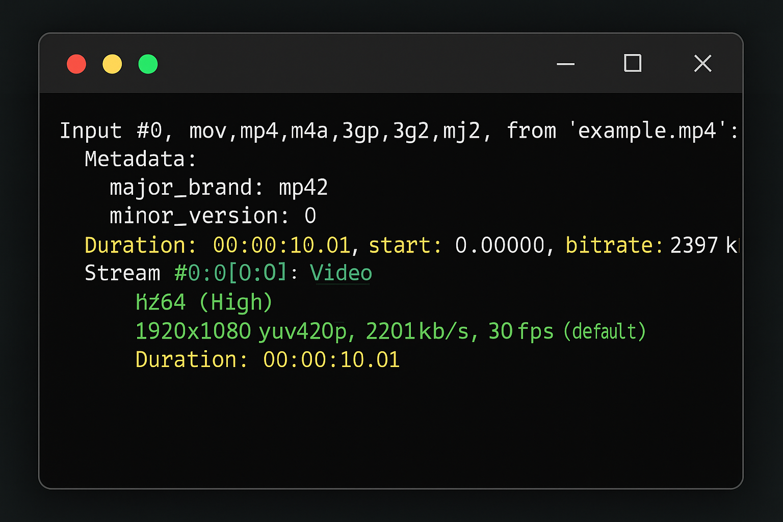 Windows Terminal showing FFprobe output with video codec, resolution, and stream information