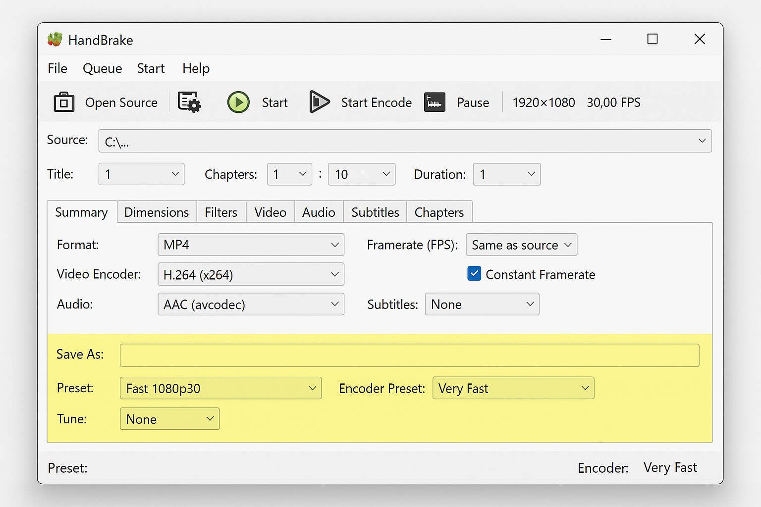 HandBrake main interface with video loaded showing source details and preset options
