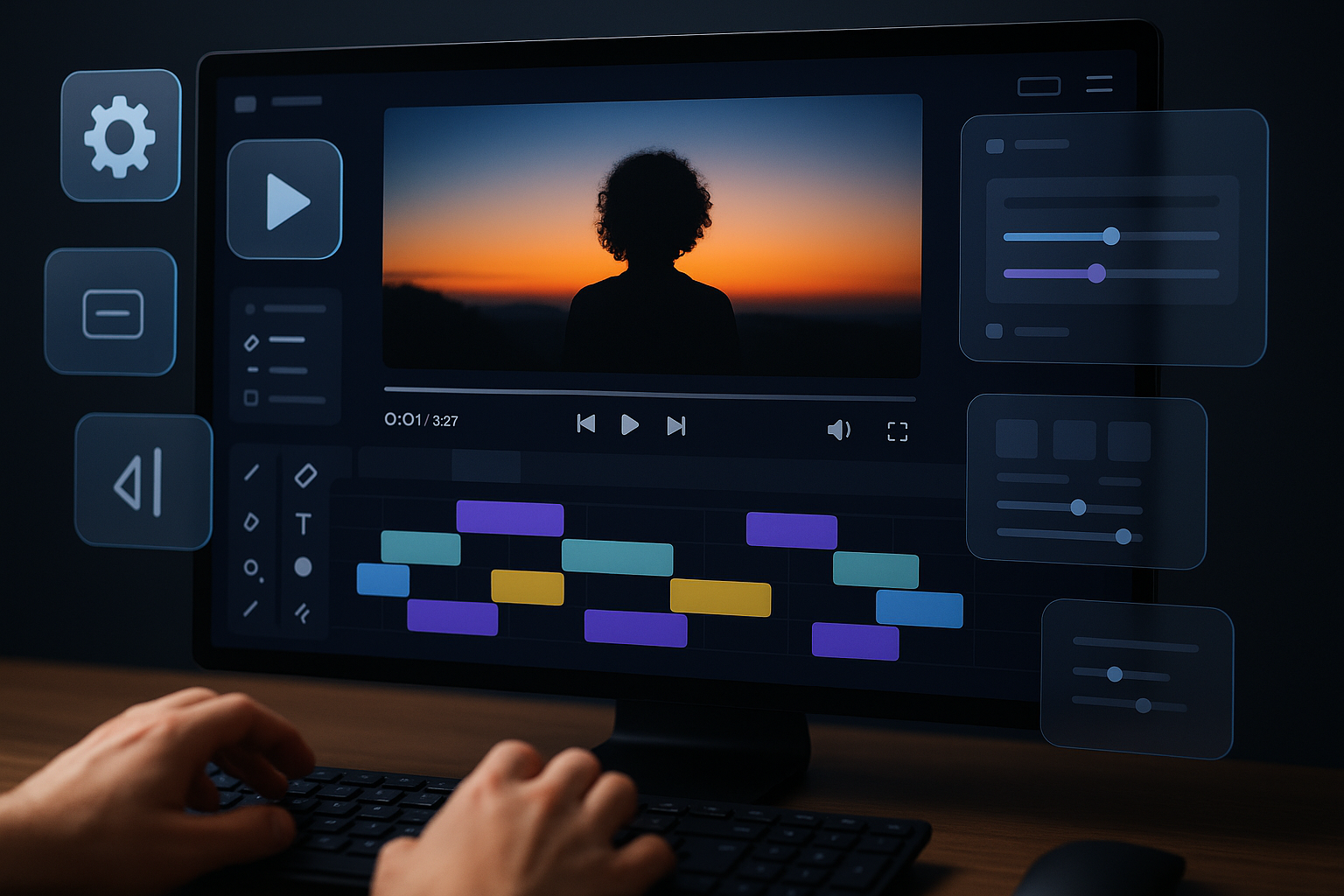 Person at computer with video editing interface, tools and settings icons floating around