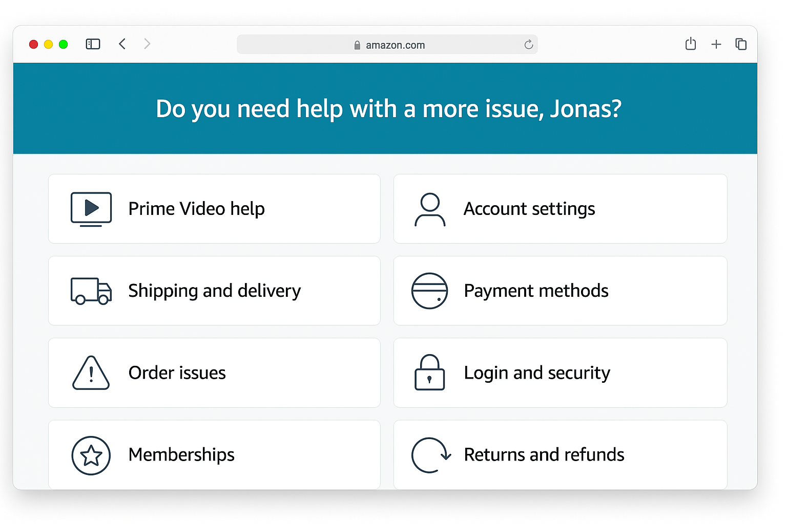 Amazon support contact page showing Prime Video help options