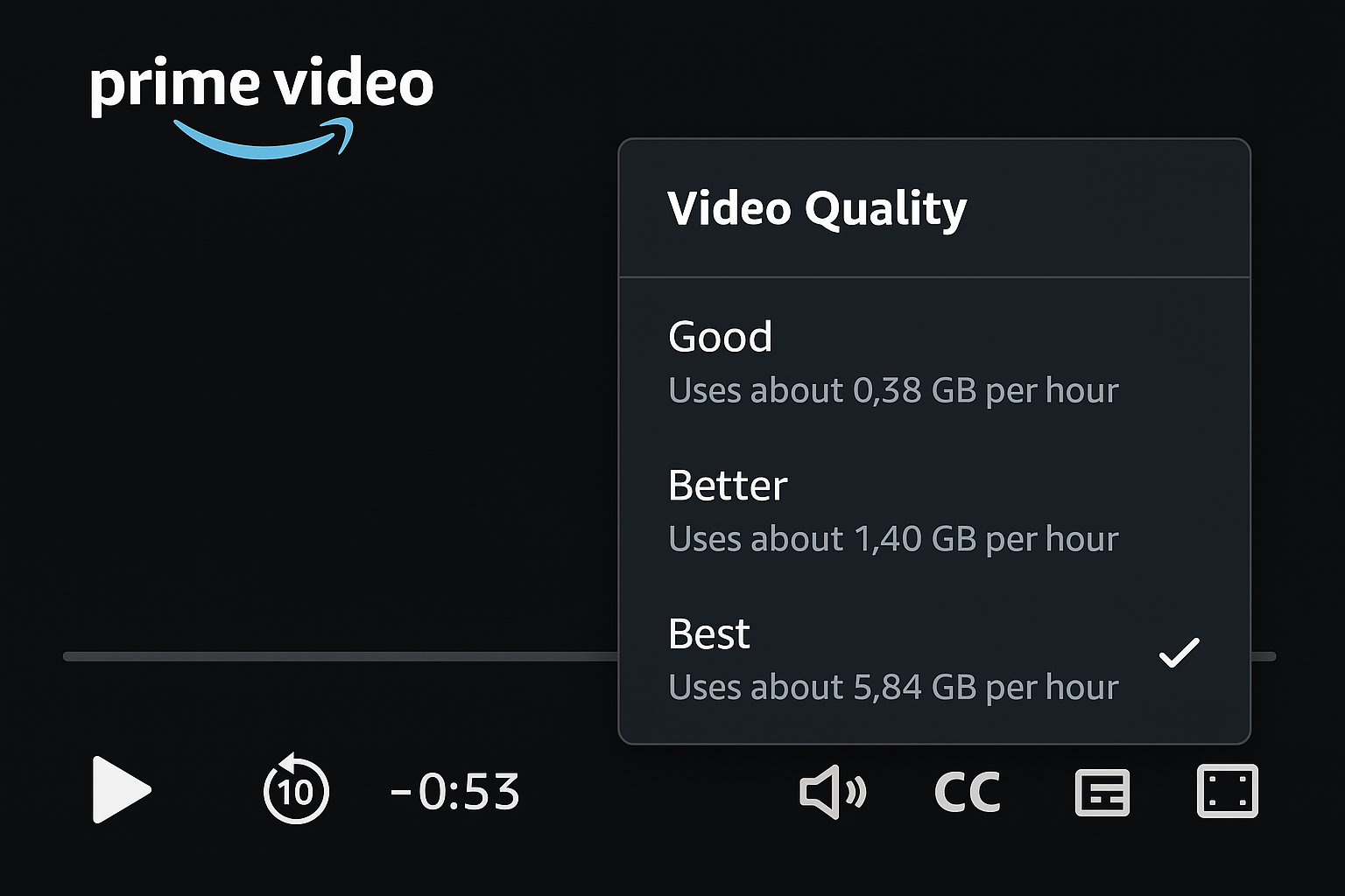 Prime Video playback settings showing video quality options