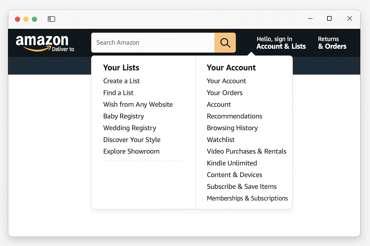 Amazon homepage with Account & Lists dropdown menu open showing Your Account option