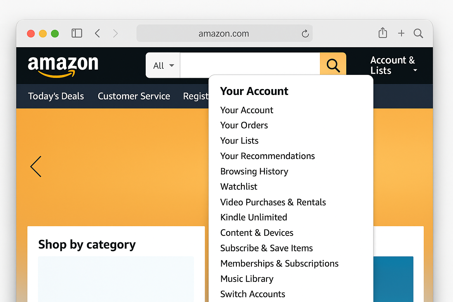 Amazon homepage with Account & Lists dropdown menu open showing Your Account option