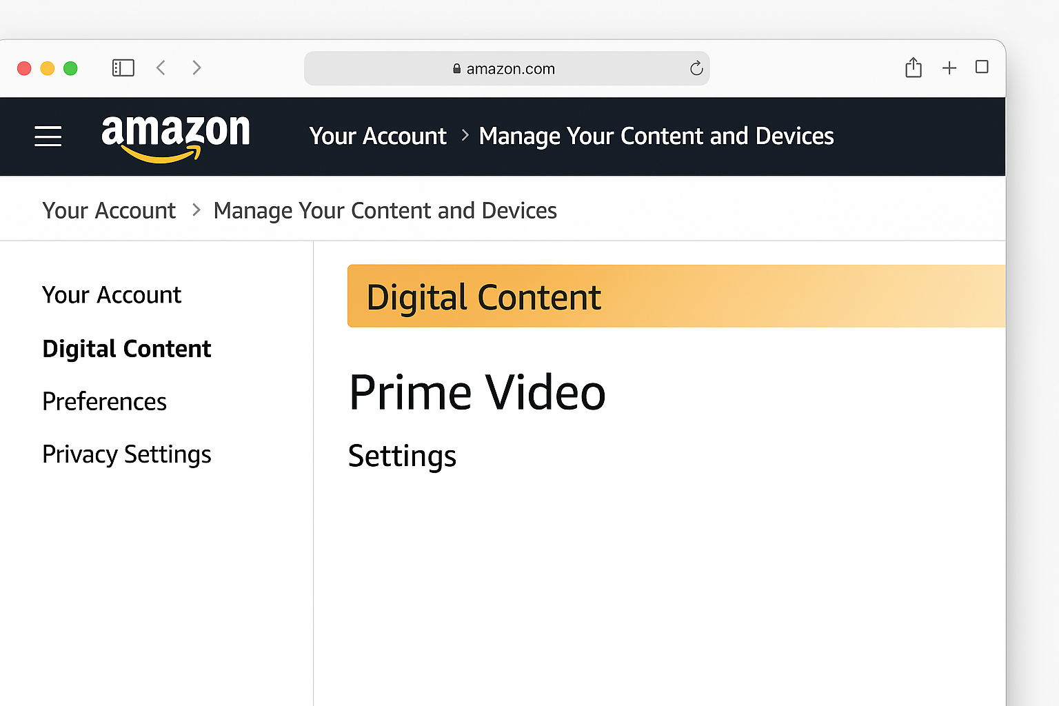 Amazon Account page showing Digital content and devices section with Prime Video settings highlighted