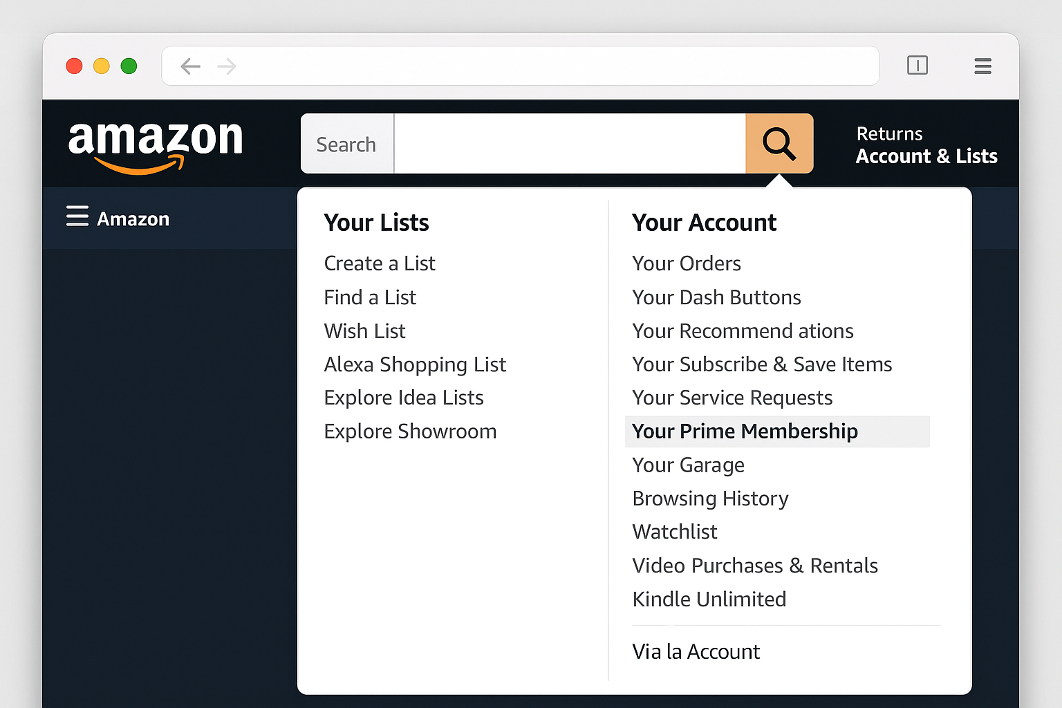 Amazon homepage with Account & Lists dropdown menu open, showing Your Prime Membership option