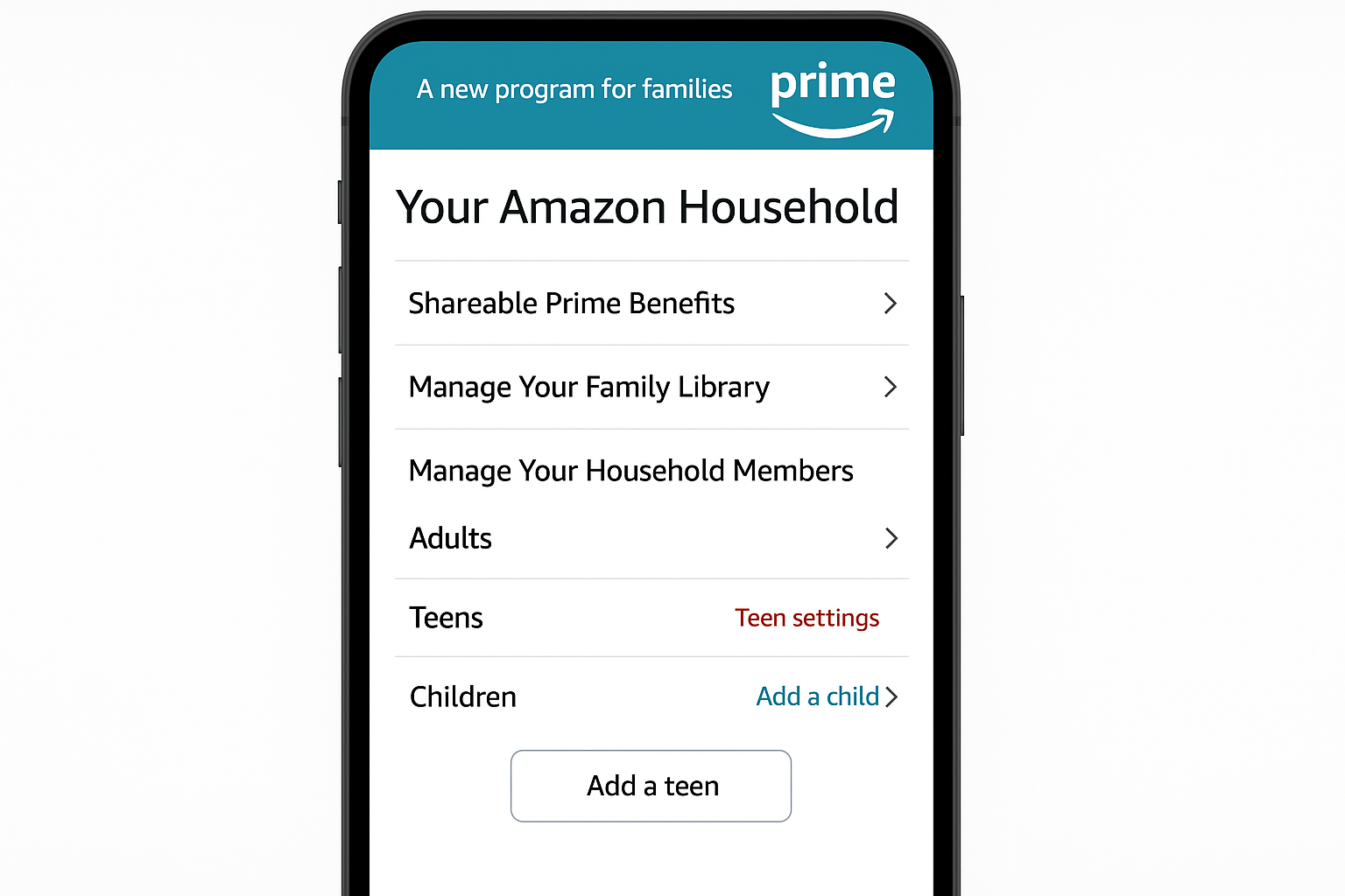 Amazon Prime membership page showing Amazon Family or Manage Prime Household section
