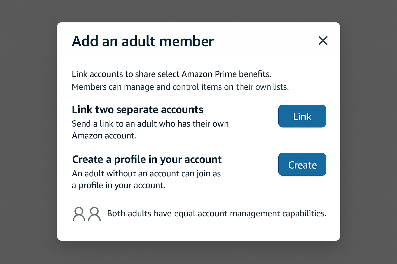 Amazon Family add adult page with name, email, and address confirmation fields