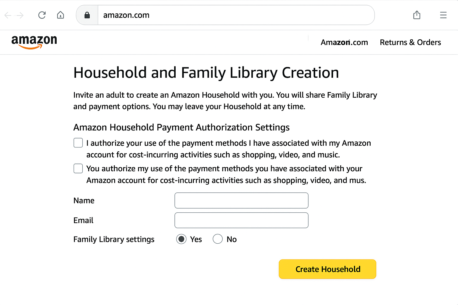 Amazon Family invitation acceptance page showing household agreement