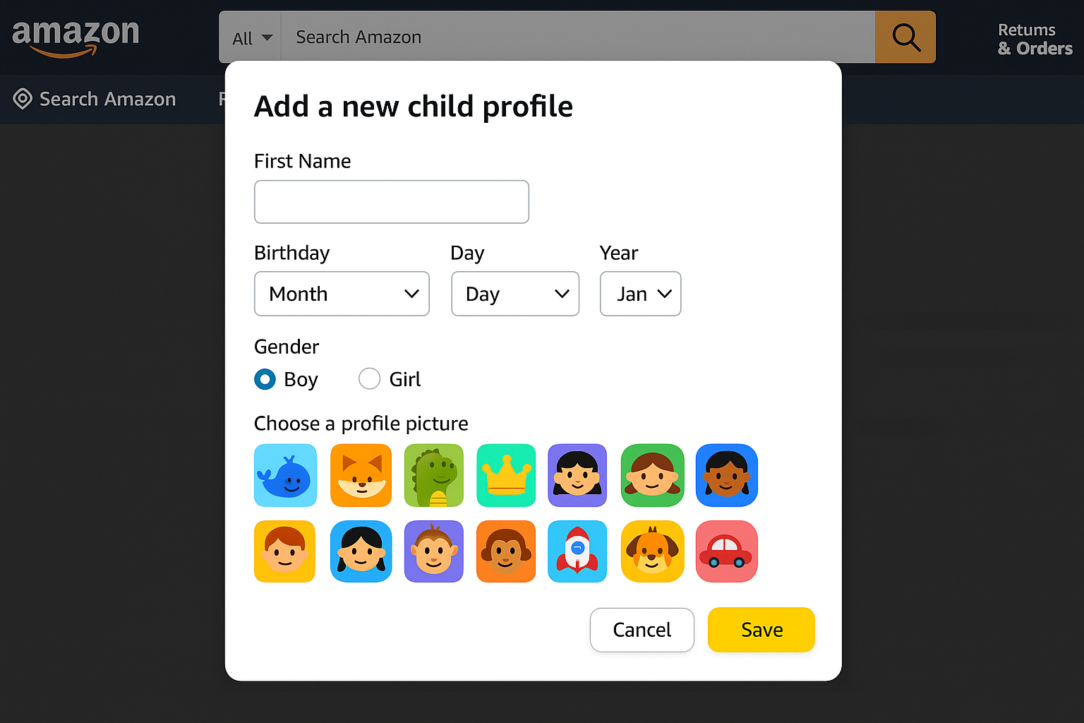 Amazon Family child profile creation page with content sharing options