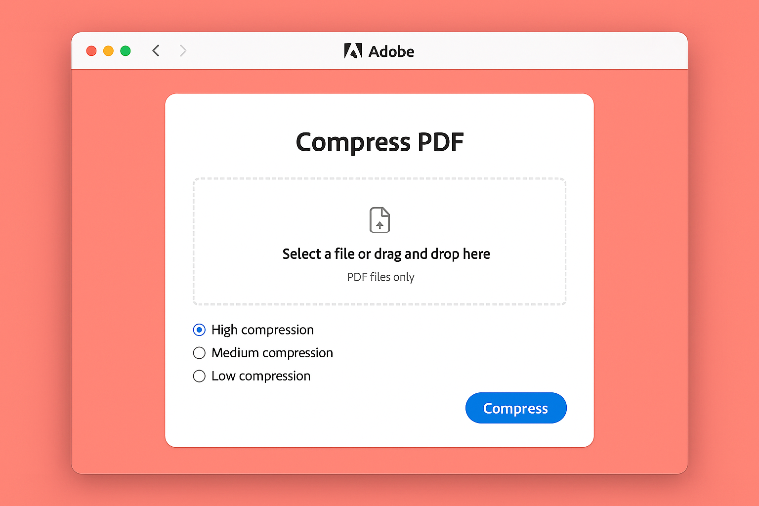 Adobe Acrobat Online compress PDF page showing drag and drop area with compression level options