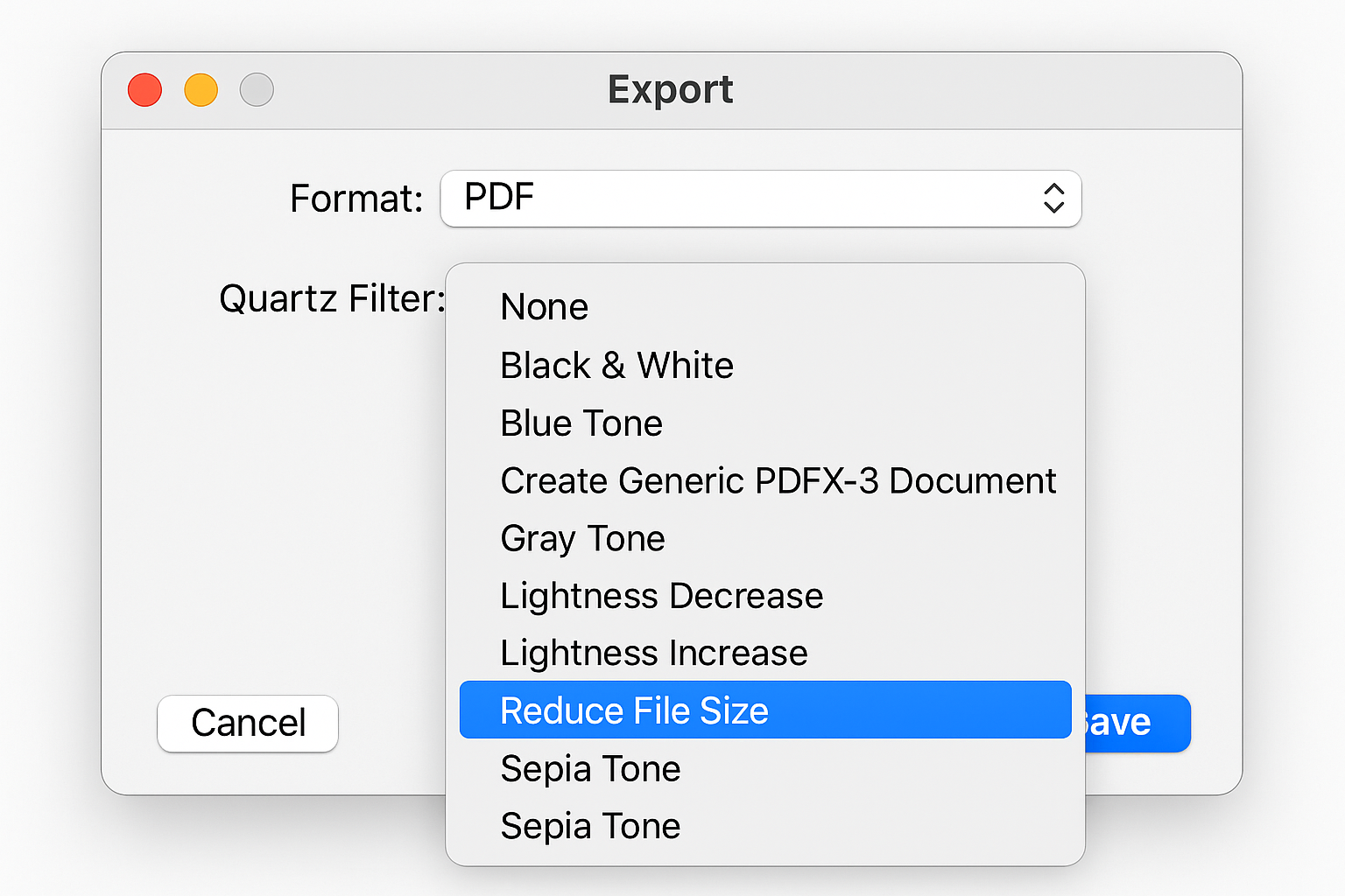 Preview export dialog with Quartz Filter dropdown showing Reduce File Size option