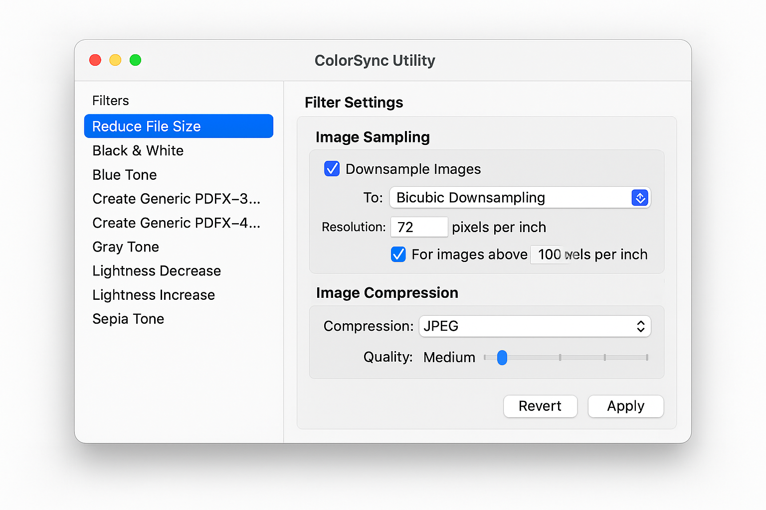 ColorSync Utility showing Reduce File Size filter settings with image sampling and compression options