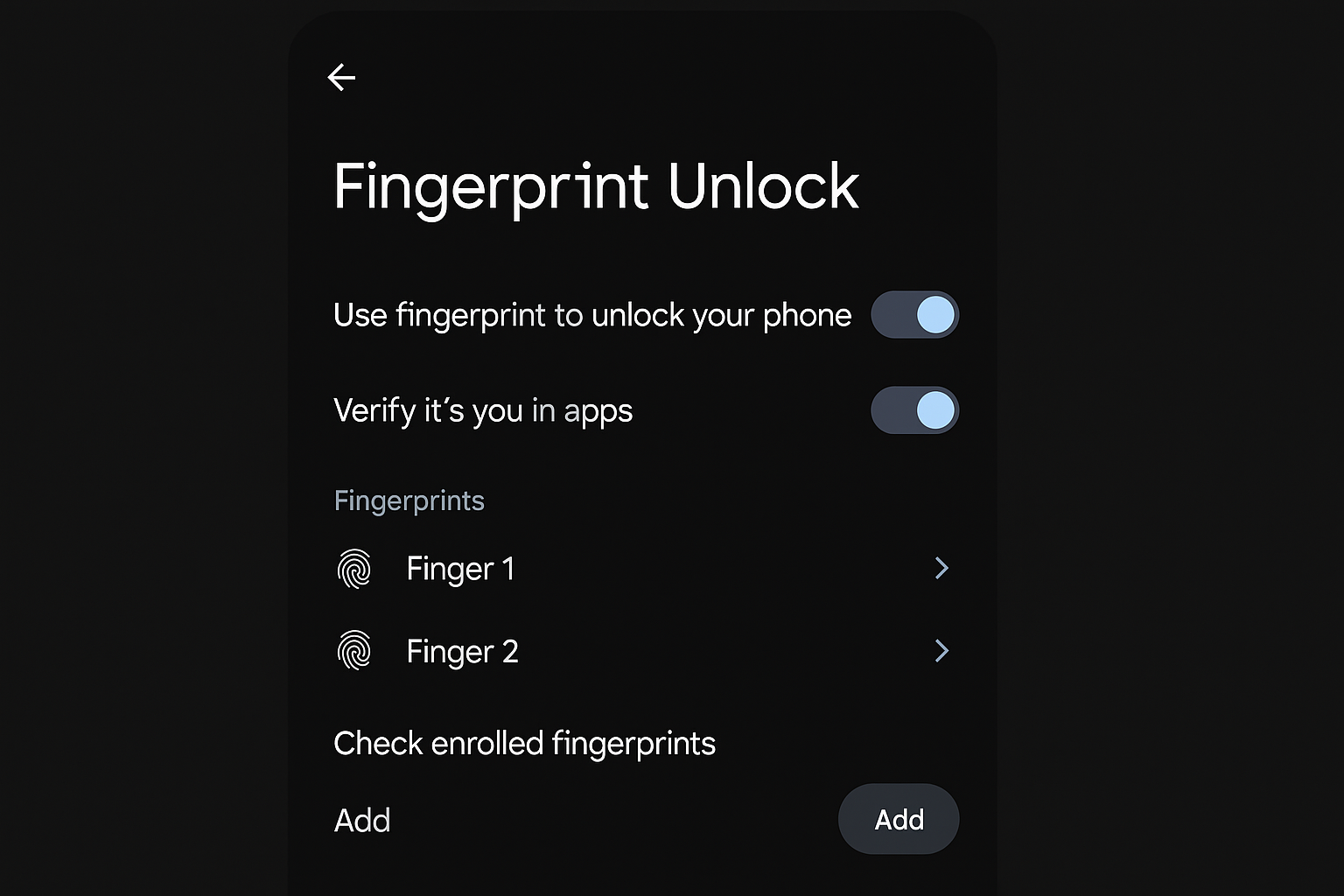 Android 16 Settings > Security showing biometric authentication options with fingerprint and face unlock enabled