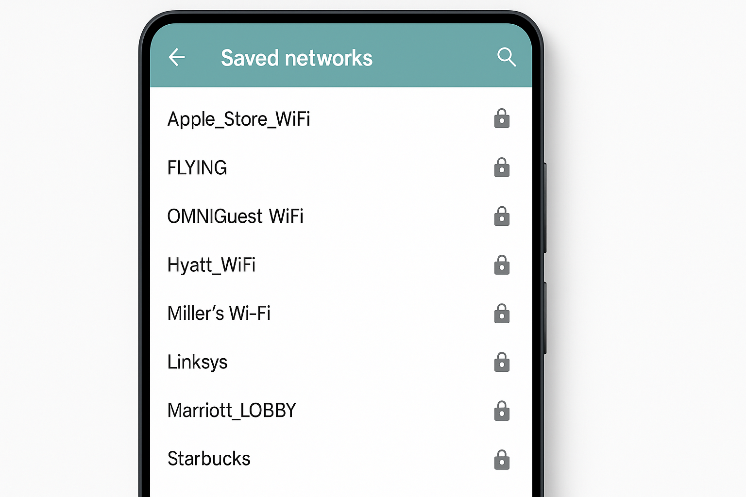 Android Wi-Fi settings showing saved networks with option to forget public networks like coffee shops and hotels
