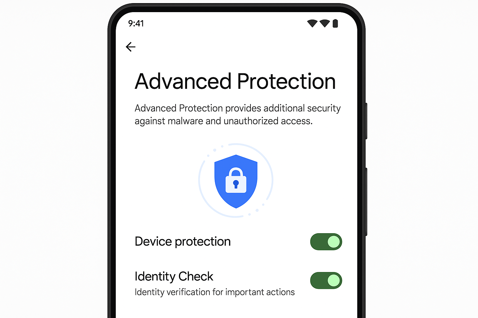 Android 16 Advanced Protection settings with Identity Check toggle enabled
