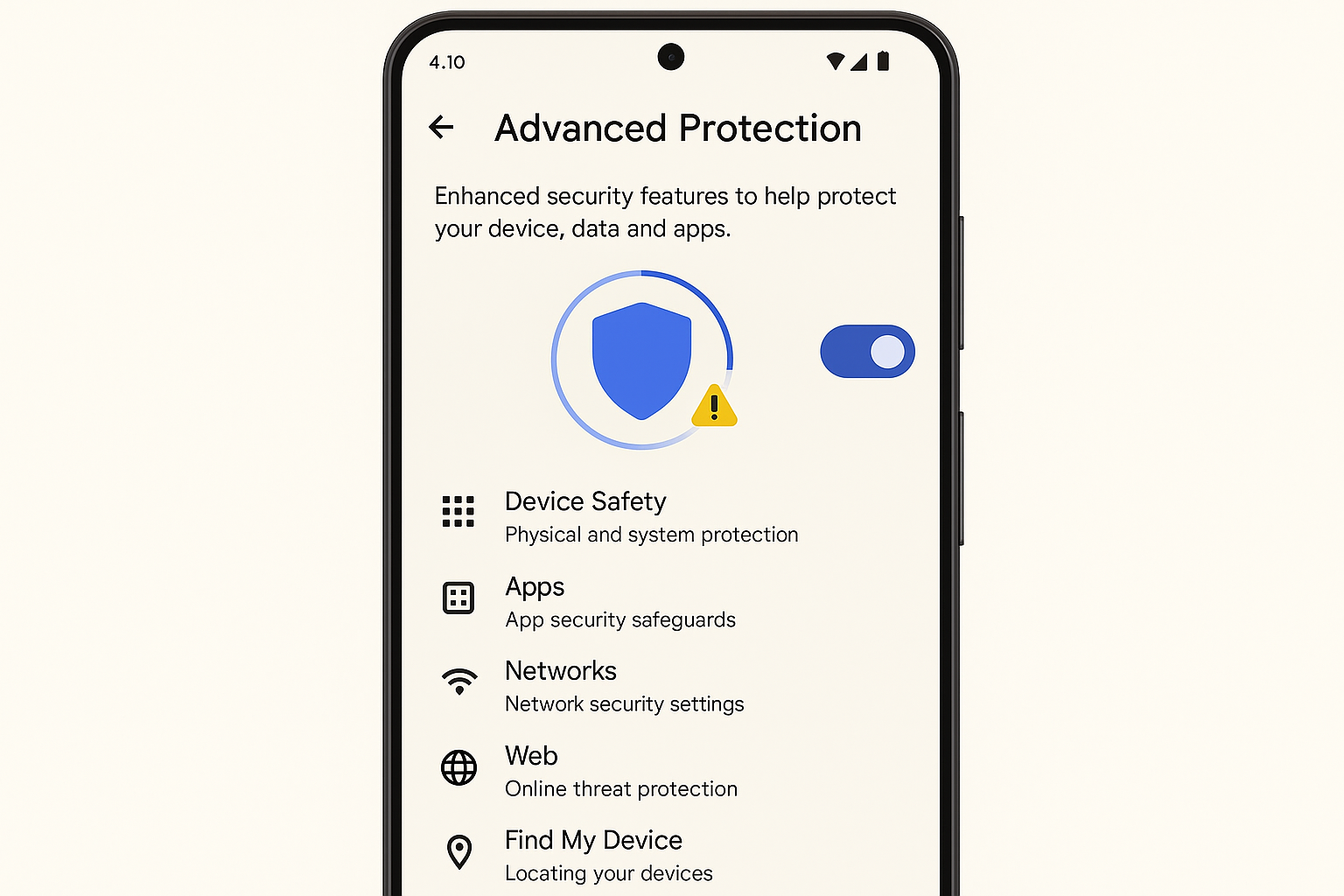 Android 16 Settings > Security > Advanced Protection toggle with description of features it enables