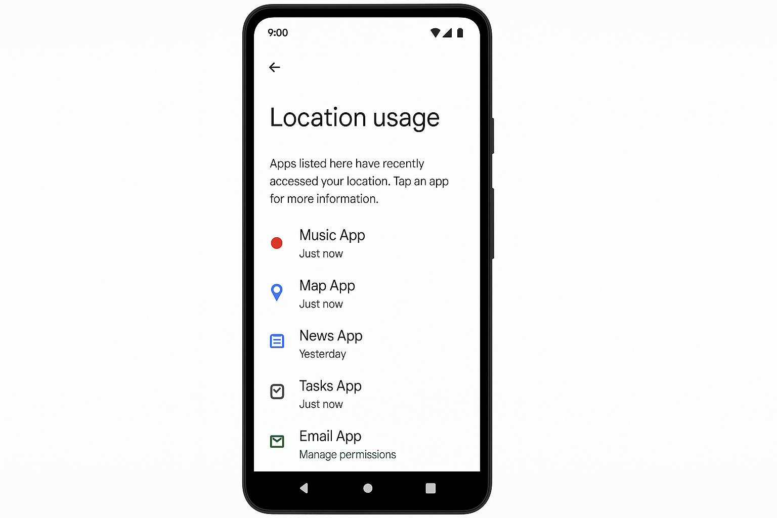 Android app permissions screen showing location, camera, and microphone access controls for individual apps