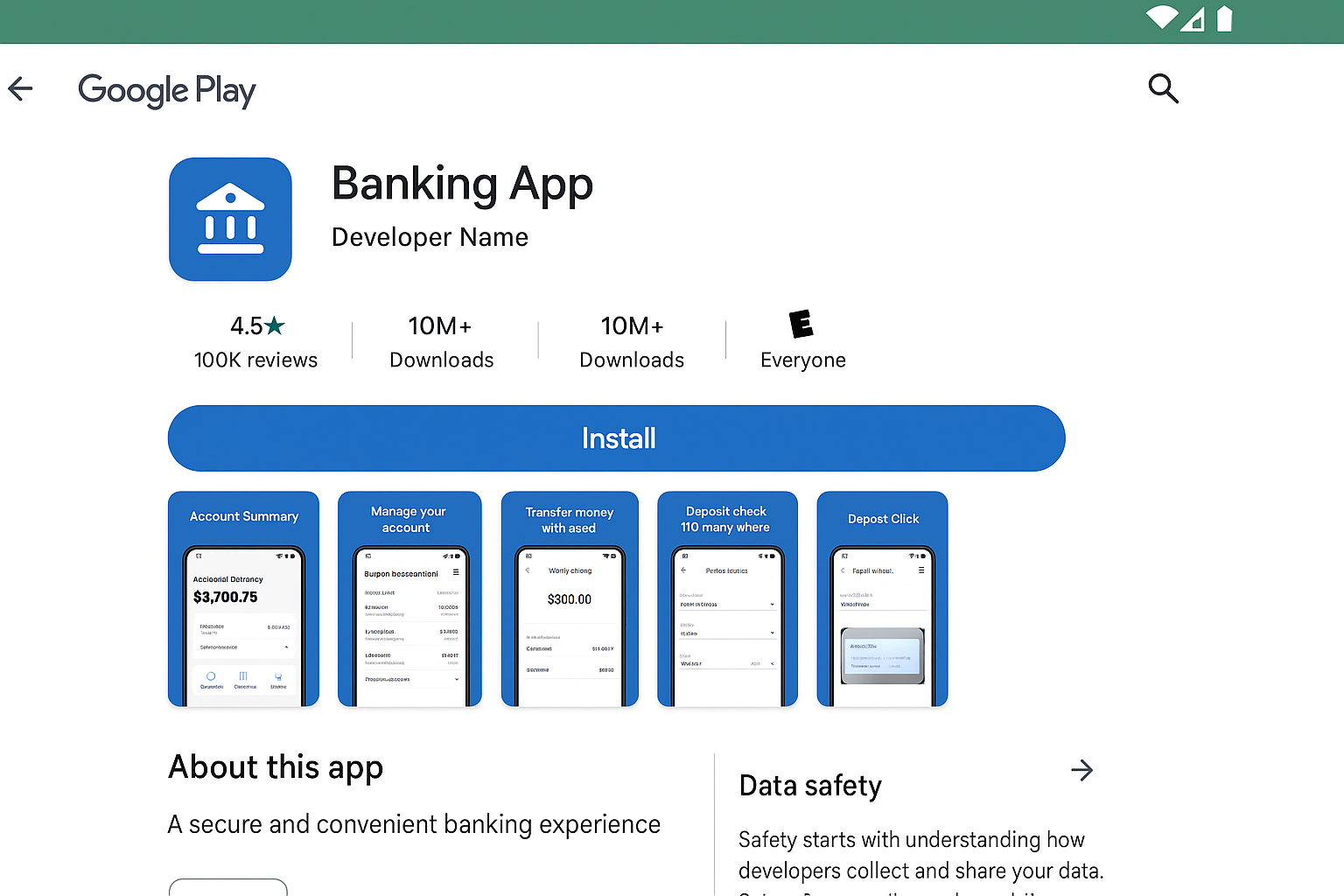 Google Play Store showing a legitimate banking app with verified developer badge and high download count