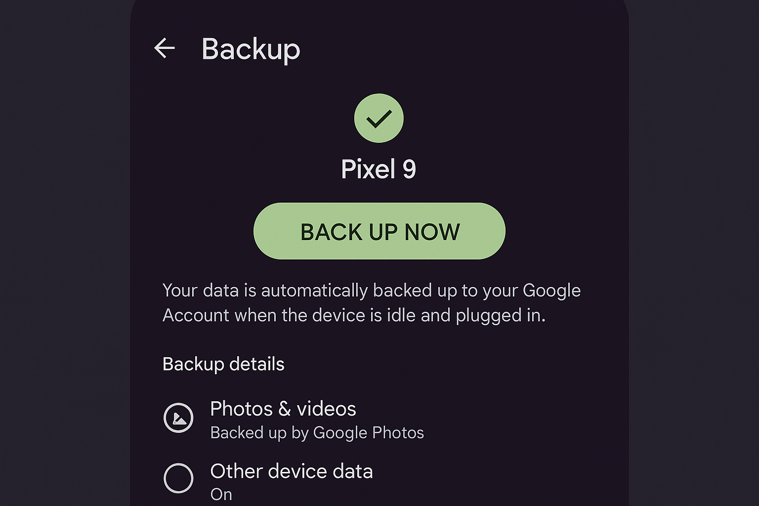 Android Settings > Google > Backup showing automatic backup enabled for apps, call history, device settings