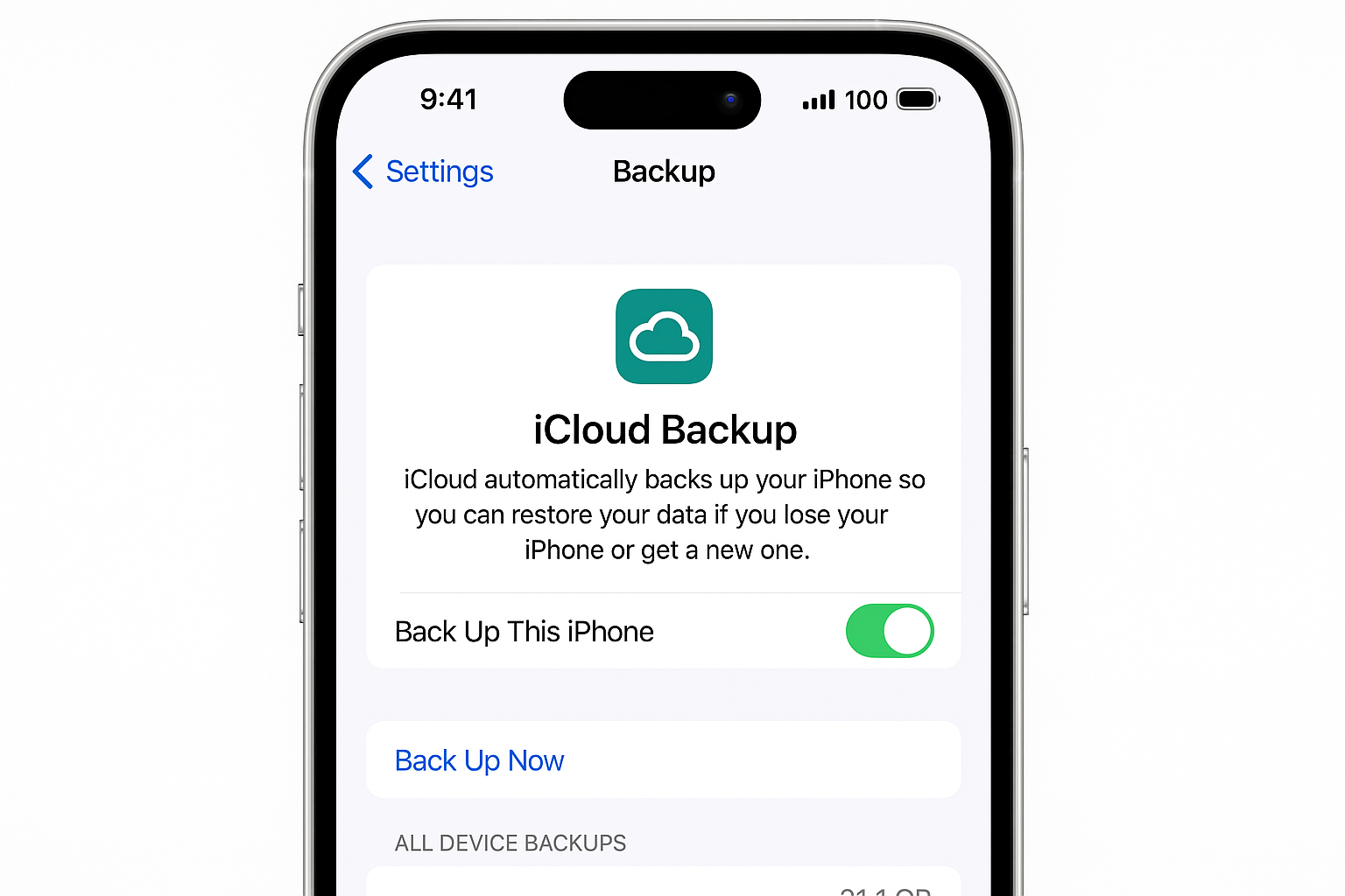 iPhone Settings > Apple ID > iCloud showing iCloud Backup enabled and Find My iPhone activated