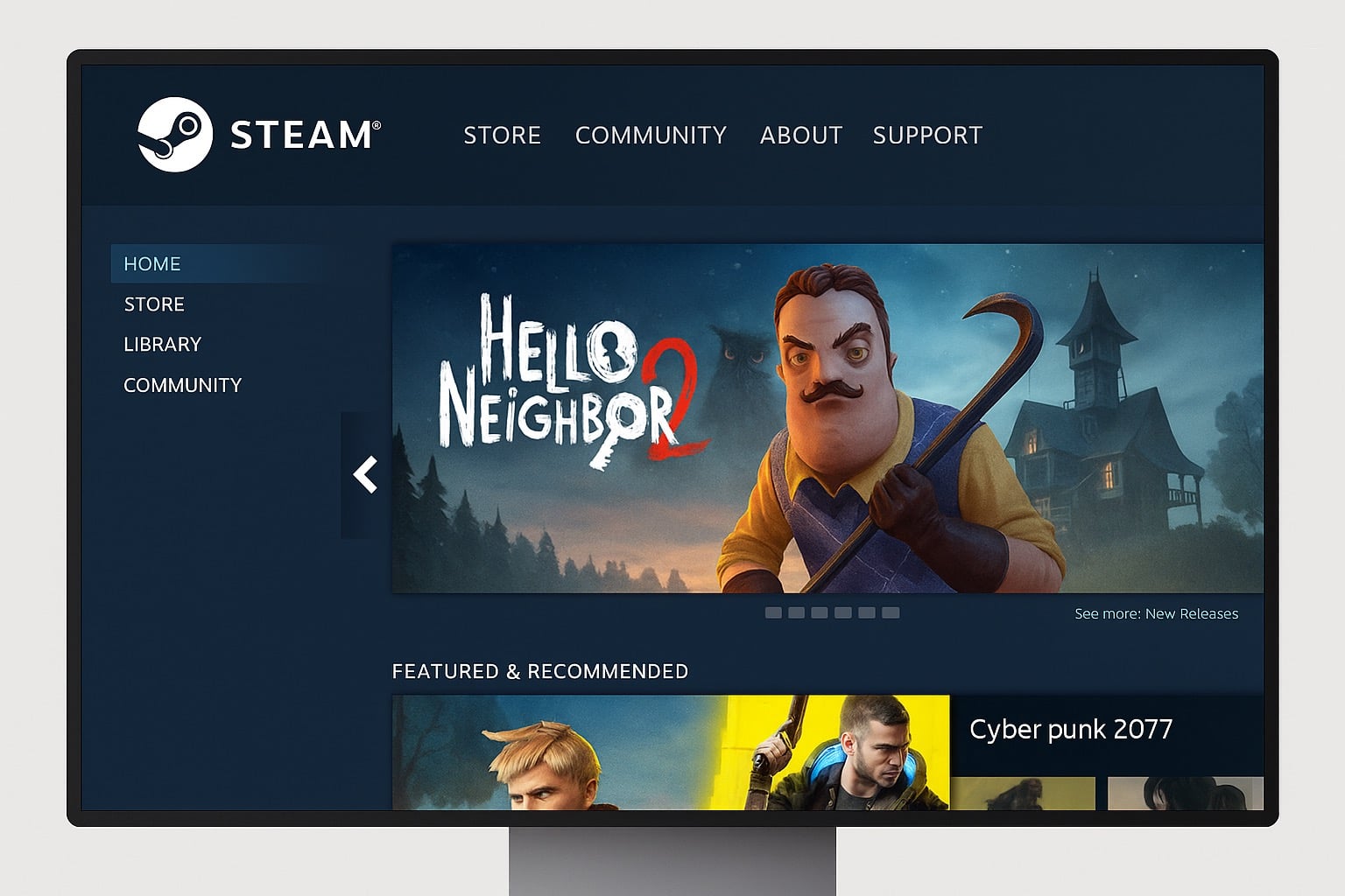 Steam front page on desktop computer - steam