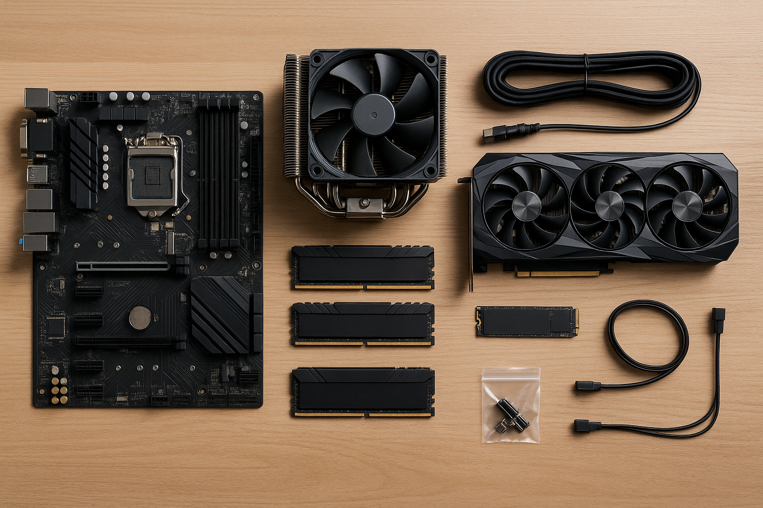 Modern computer parts laid out on desk including CPU, GPU, RAM, SSD, and motherboard