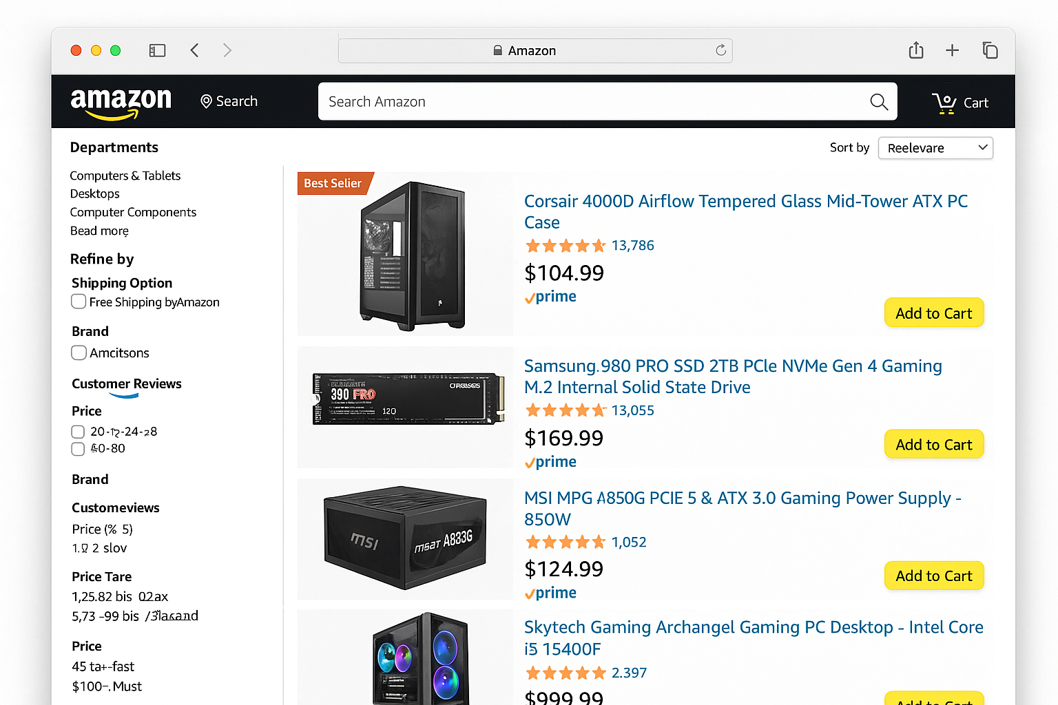 Amazon computer components page showing CPUs, GPUs, and current deals with Prime shipping badges