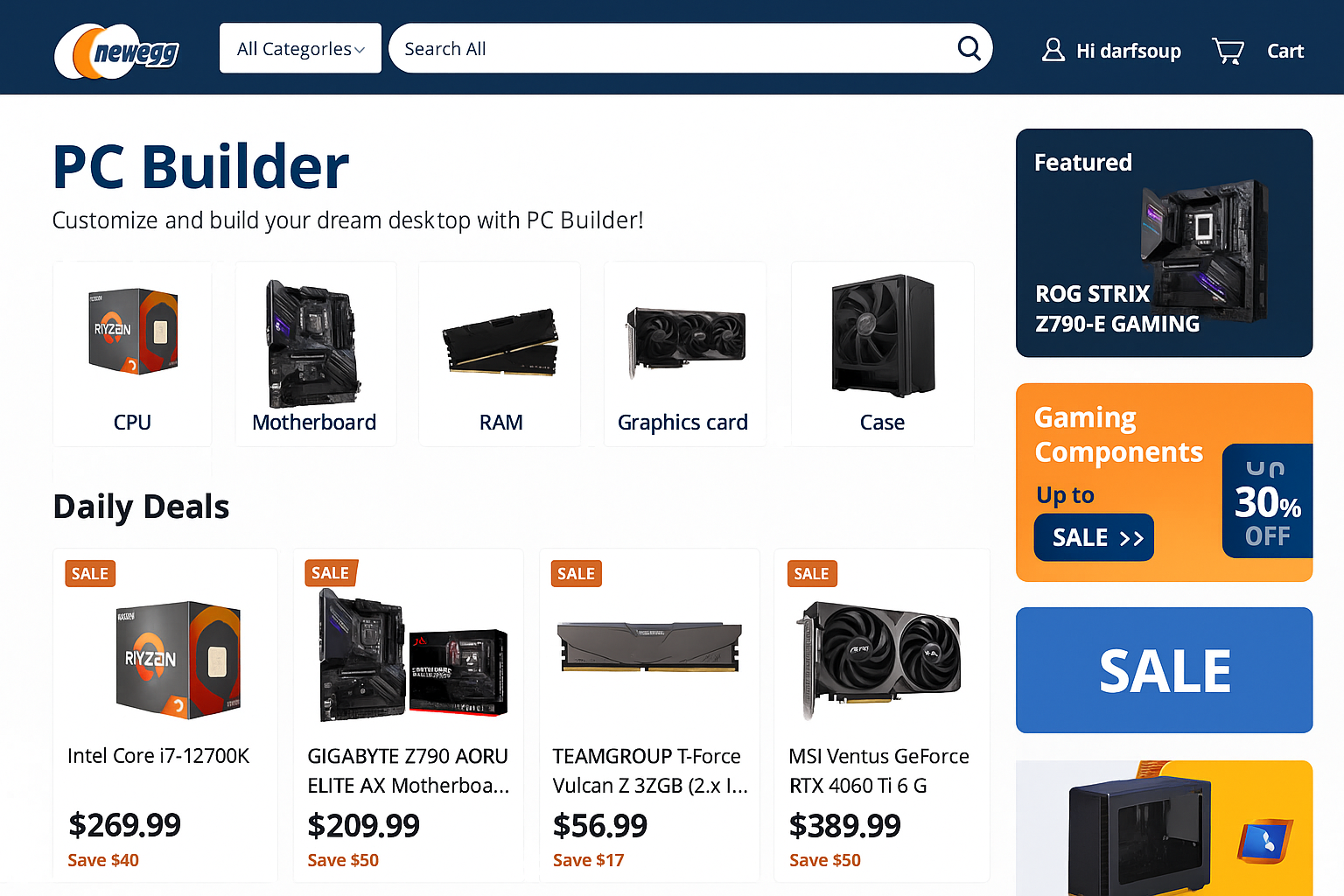 Newegg homepage showing PC Builder tool, daily deals section, and featured gaming components