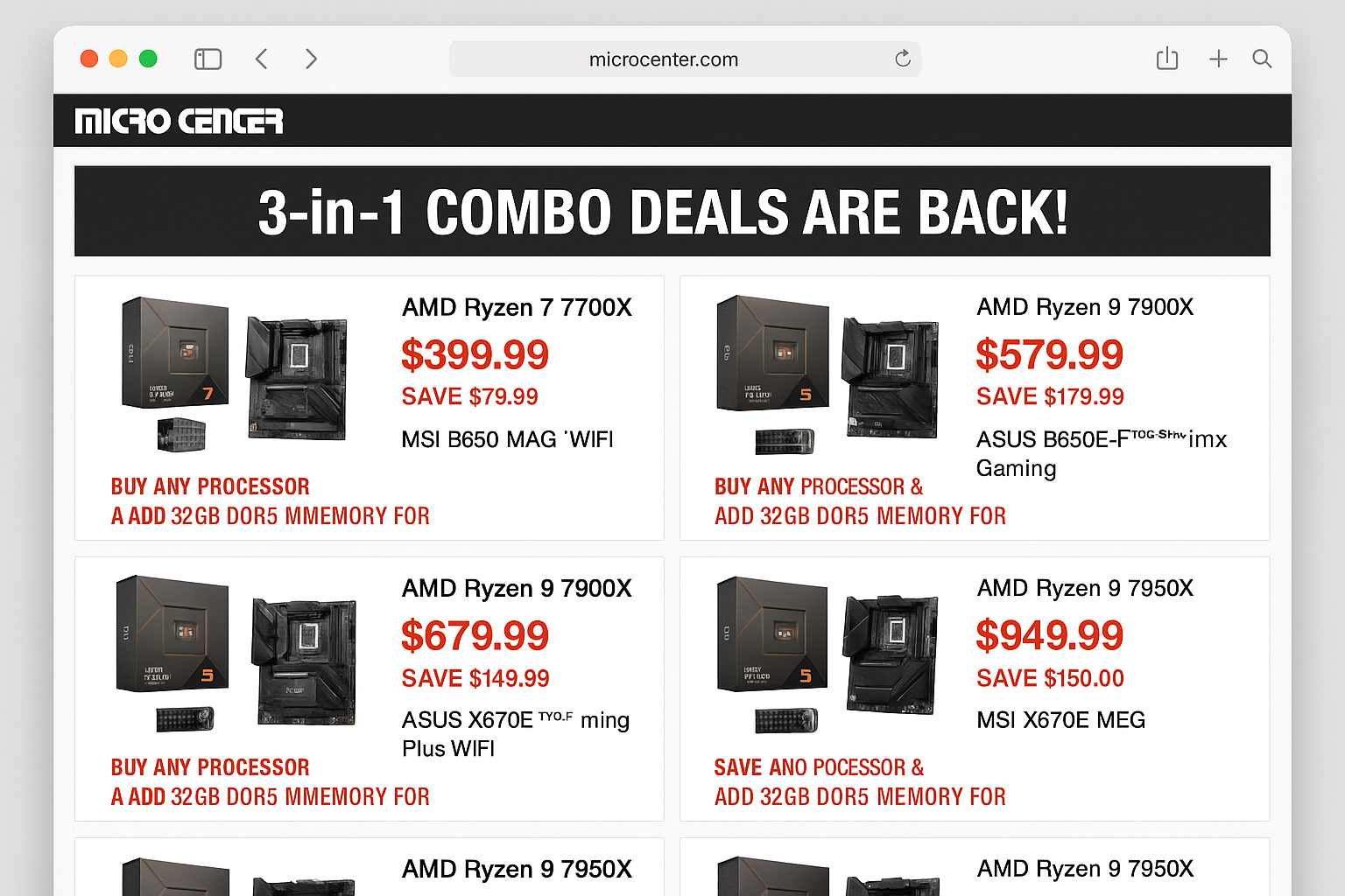 Micro Center website showing CPU and motherboard bundle deals with in-store pickup options
