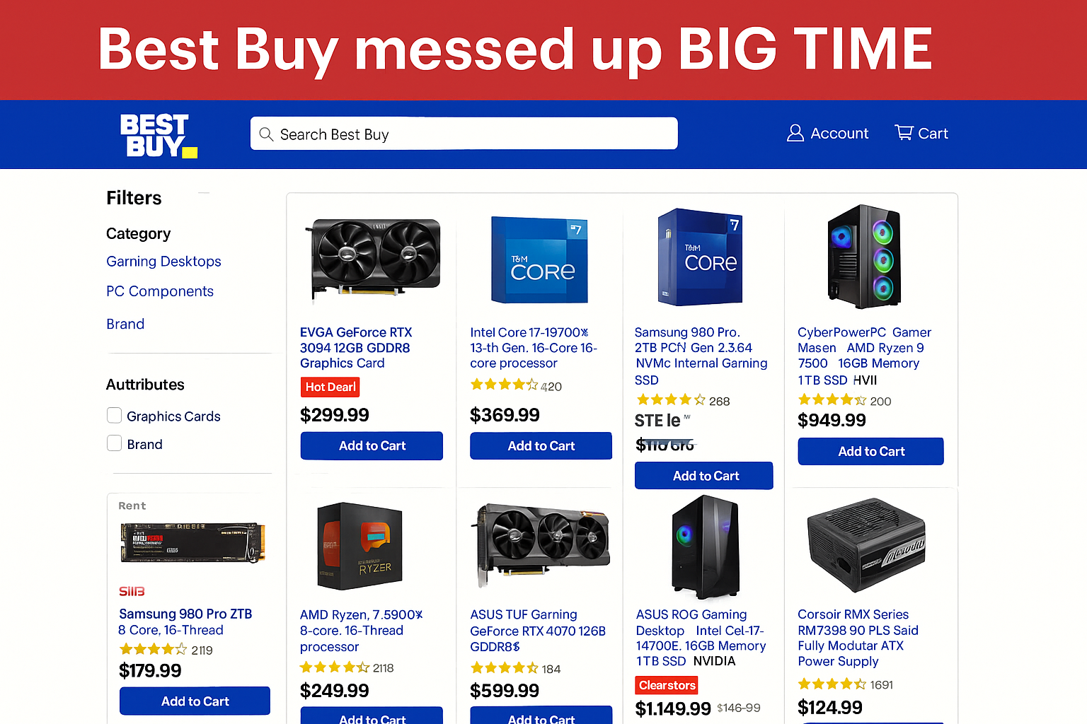 Best Buy computer components section showing DDR5 RAM deals and gaming PCs with Geek Squad services
